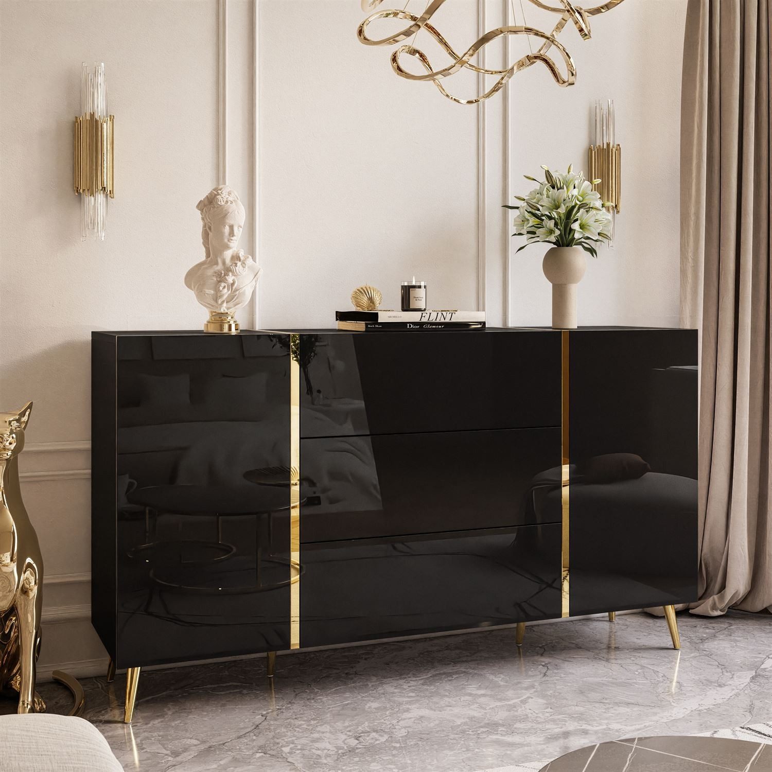 Lookway Kommode ONYX goldene Beine Hochglanz Push-Open / Goldgriffe 158 cm