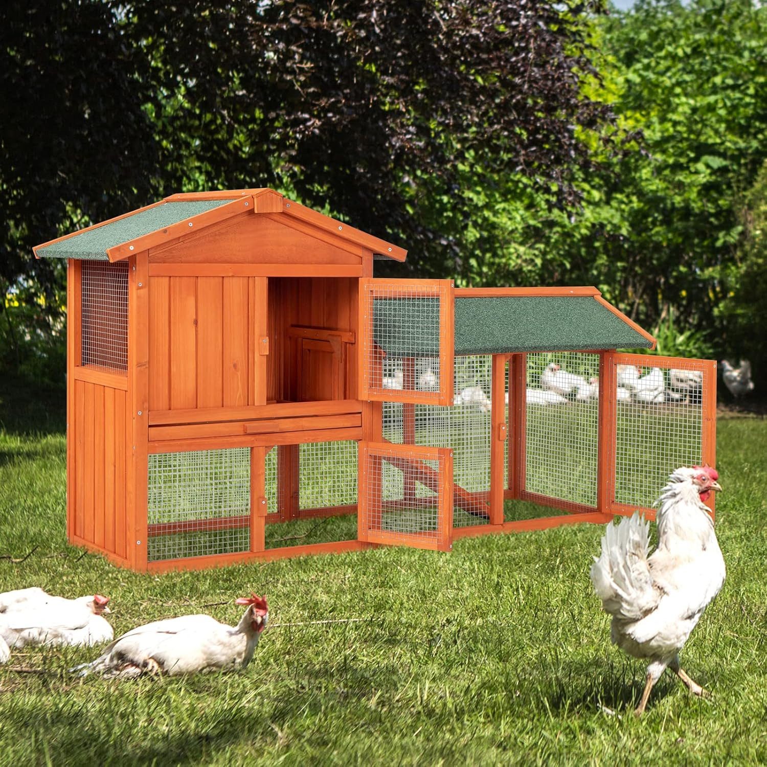 LALAHO Kleintierstall XXL Hasenstall 2 Etagen, mit herausziehbarer Schublade, 4 Türen, Laufleiter, wetterbeständig, 142 x 43 x 86 cm, orange