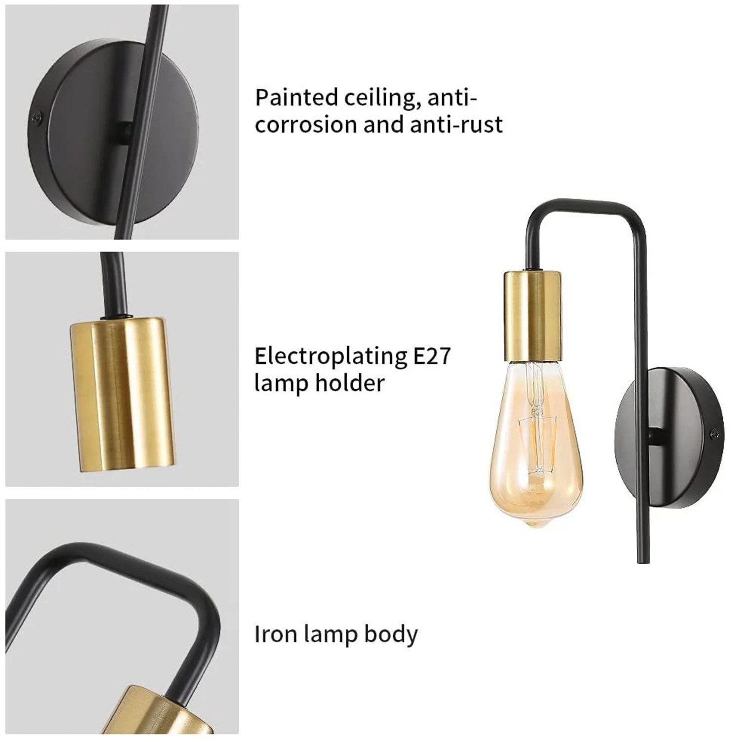 Riserva LED Deckenleuchte Industriell-vintage U-förmige Wandlampe Schwarz-Gold 2er-Set E27 – Bild 5 von 5