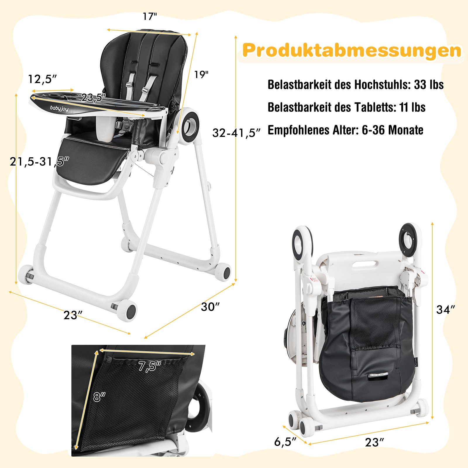 schwarz Rückenlehne höhenverstellbar 3-stufig schnell COSTWAY Hochstuhl, faltbar, &