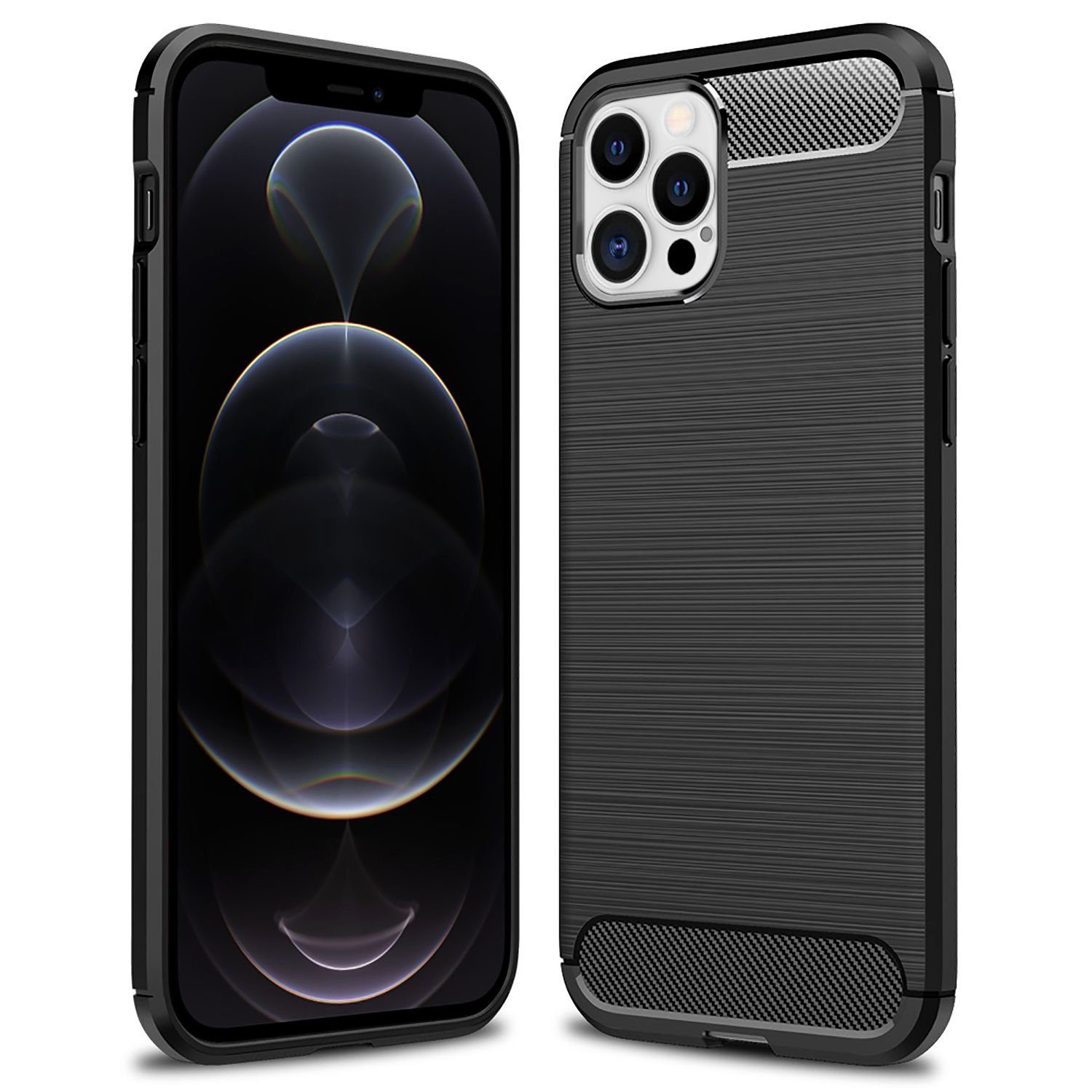 Nalia Smartphone-Hülle Apple iPhone 12 Pro Max, Carbon Style Silikon Hülle / Matt Schwarz / Elegantes Business Cover