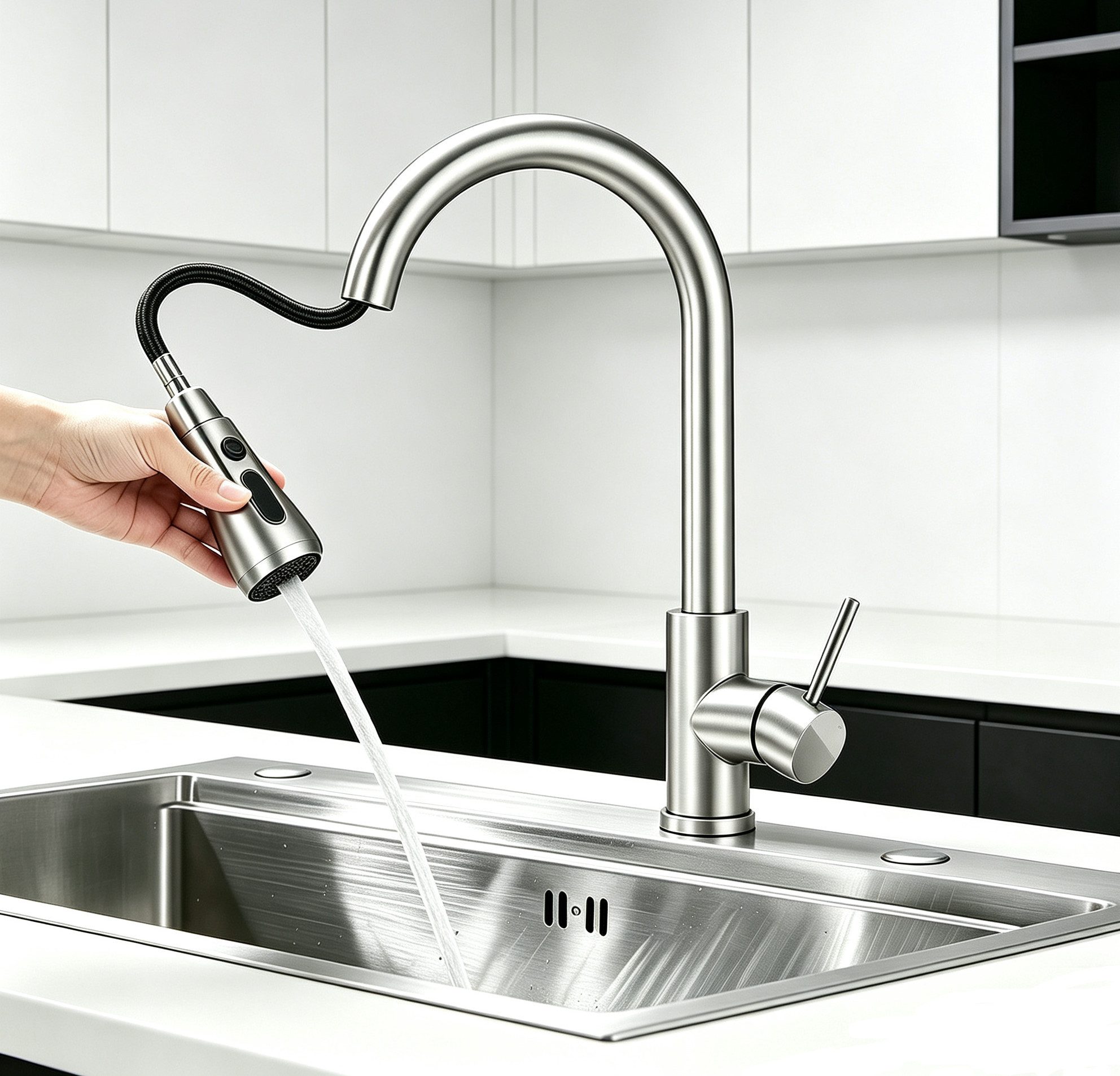 AICA Küchenarmatur Ausziehbare Brause Wasserhahn Einhebel Schwanenhals 2 Strahlarten