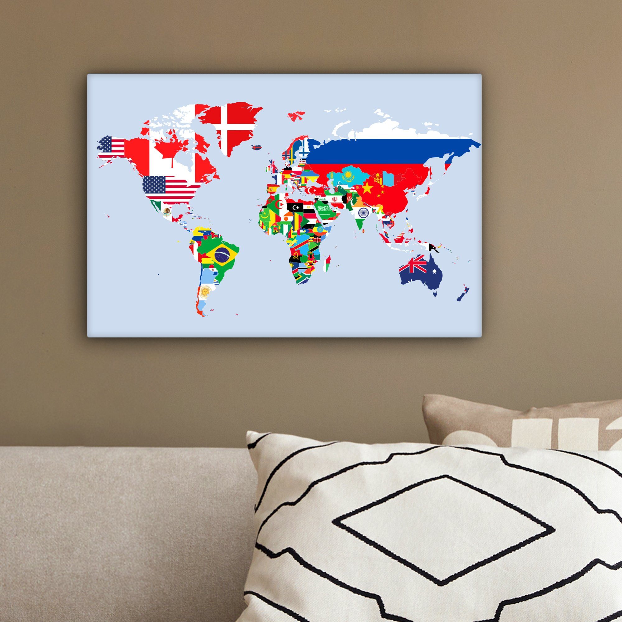 OneMillionCanvasses® Leinwandbild Welt - Karte Wanddeko, Leinwandbilder, (1 cm - Aufhängefertig, St), Länder, - Flagge Wandbild 30x20