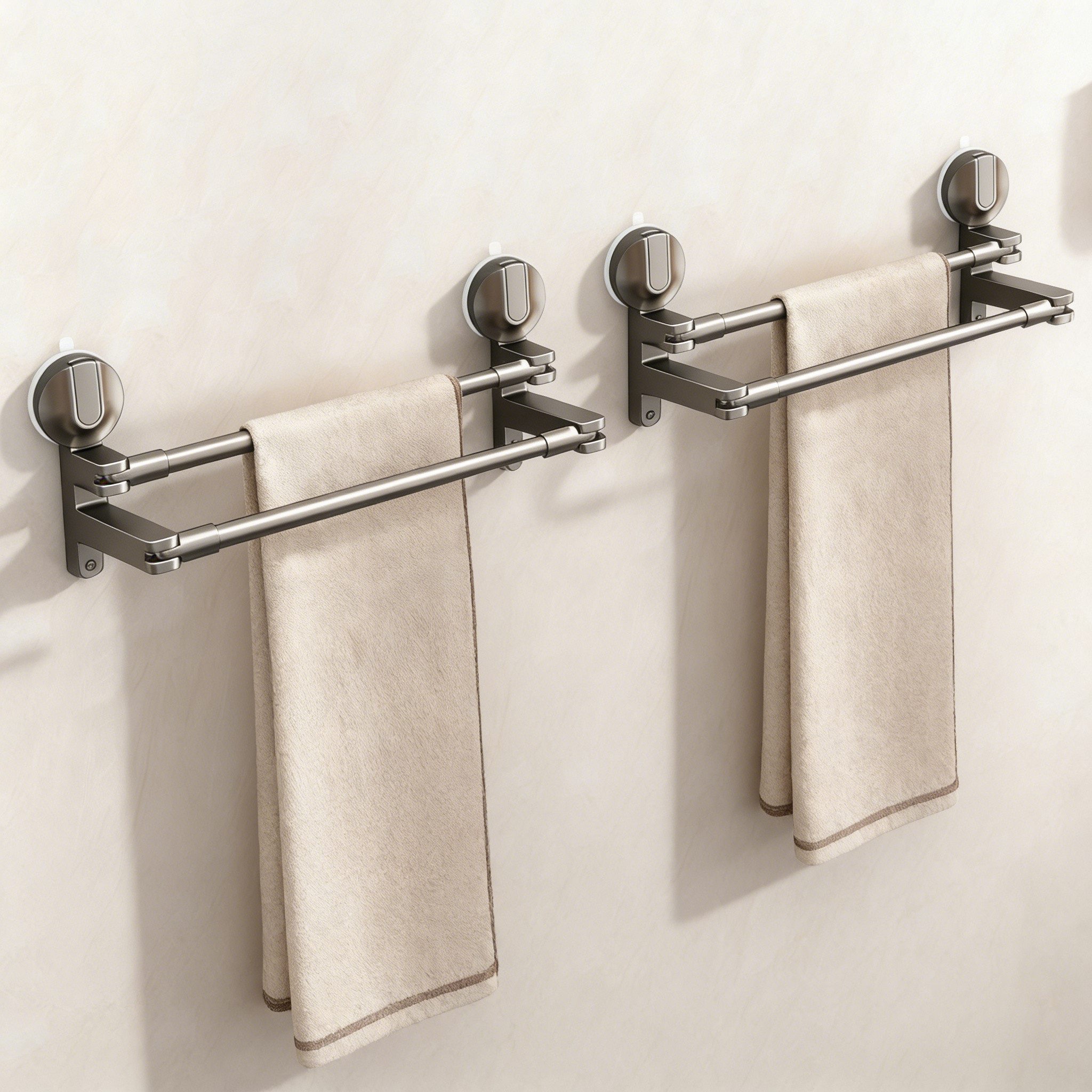 BlingBin Handtuchhalter Wandmontage Verstellbare Doppelte Handtuchstange Ohne Bohren, Ausziehbar Handtuchhalter Saugnapf mit 2 Haken für Küche, Dusche