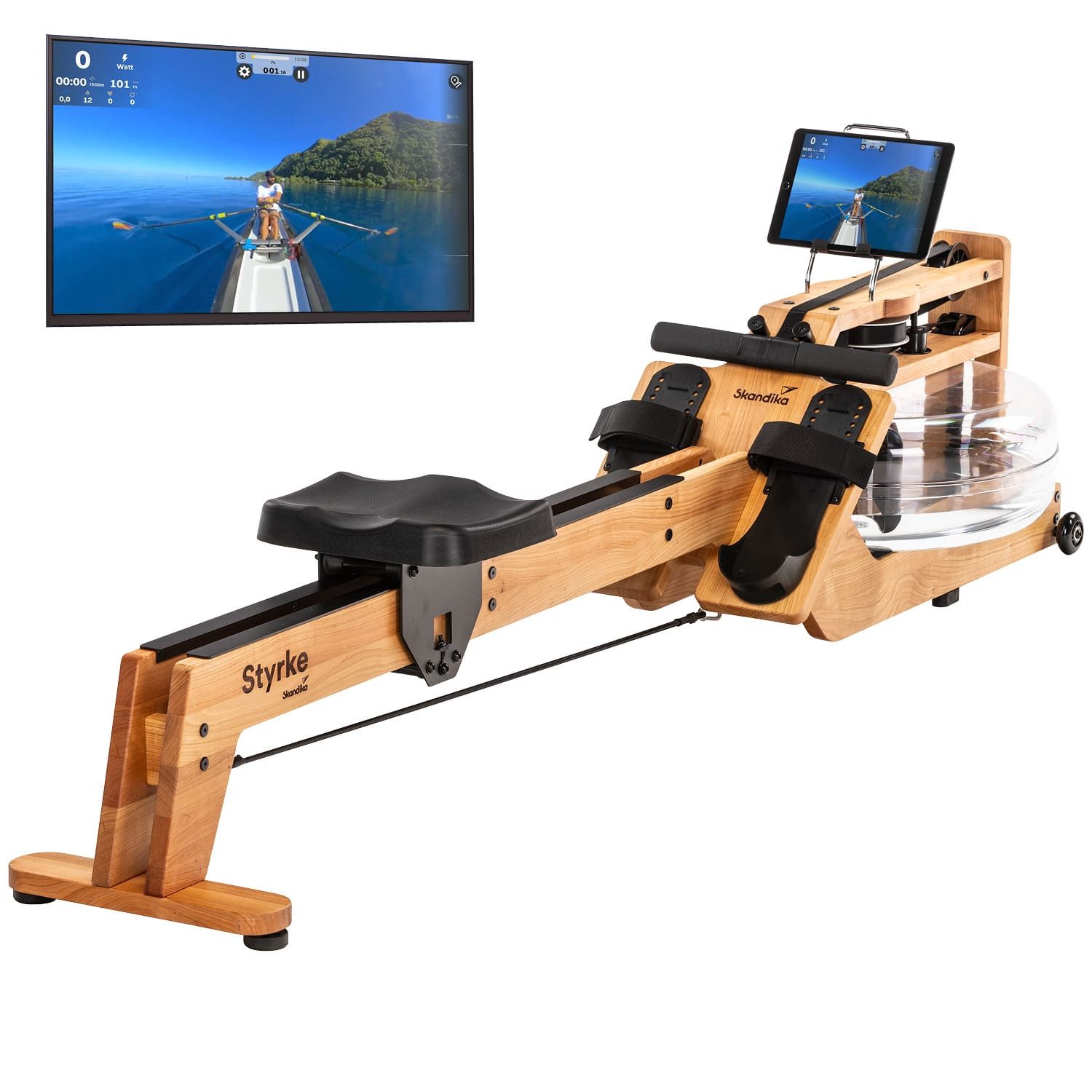 Skandika Rudergerät Styrke Premium Kirsche, Wasserrudergerät für Zuhause, bis 180 kg (Transportrollen gummiert, kugelgelagert), Made in Germany, deutsches Holz, Rudermaschine mit Kinomap & Bluetooth