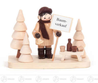 Dregeno Erzgebirge Weihnachtsfigur Weihnachtliche Miniatur Baumverkauf, auf Sockel Höhe ca 6 cm NEU, Mit Sockel Bäume und Verkaufsschild