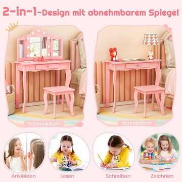 COSTWAY Schminktisch Kinder Schminktisch Set, einstellbare LED Beleuchtung