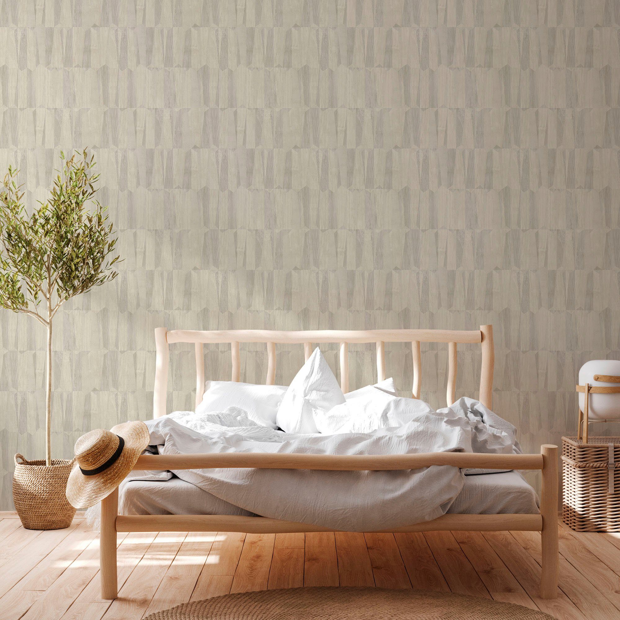 A.S. Création Vliestapete Nara Grafisch, leicht strukturiert, leicht glänzend, abstrakt, gemustert, (1 St), Holzoptik Ethno Tapeten Wohnzimmer Schlafzimmer Küche Flur Design Büro