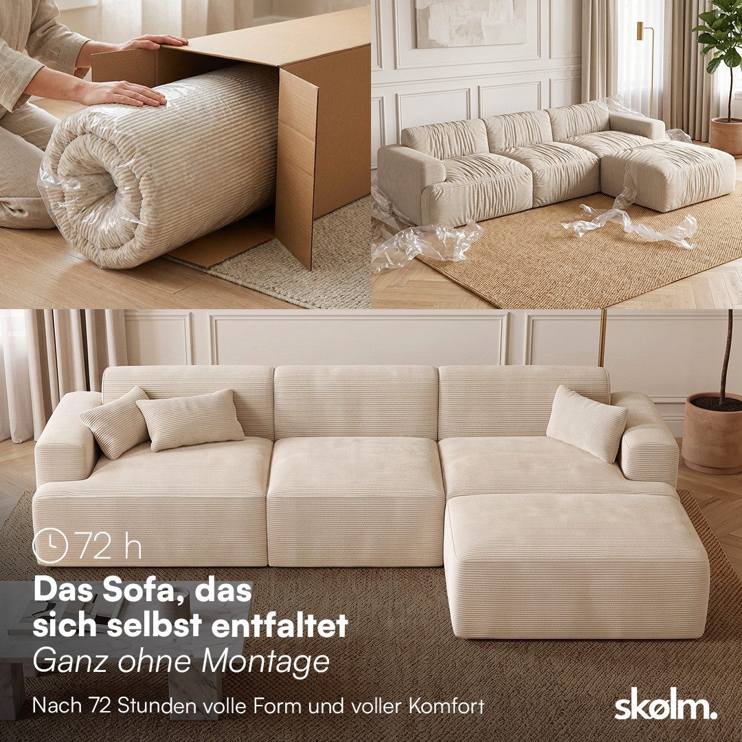 skølm Sofa Freki aus Cord, Vollschaumcouch mit Federkern und Vakuum-Kompression, Beige, Couch 3 Sitzer mit Hocker und 3 Kissen, kein Aufbau erforderlich, 319 cm breit, gepolstert, vakuumiert