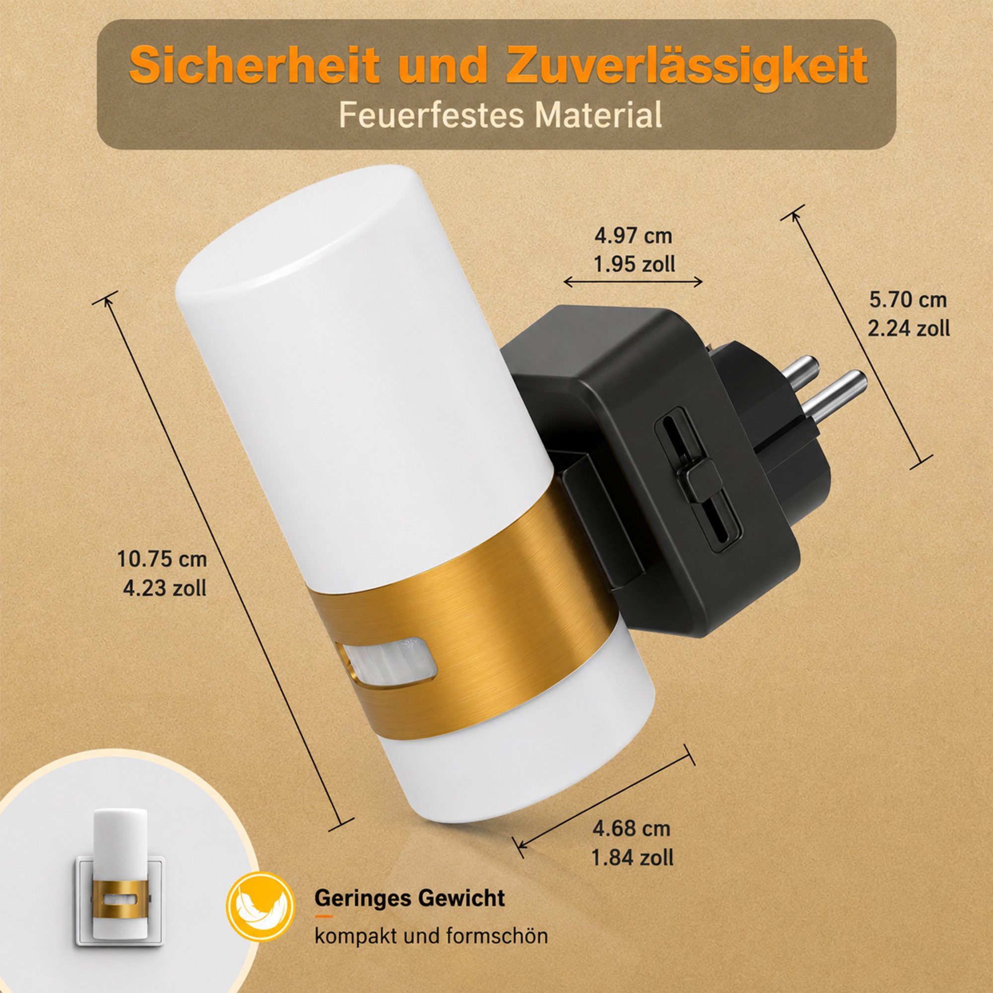 LOHAS-LED Nachtlicht Steckbares Up-Down Nachtlicht mit Bewegungssensor, LED fest integriert, Warmweiß, Stufenlos dimmbar, warmes 2700K Licht mit goldfarbenem Metallring