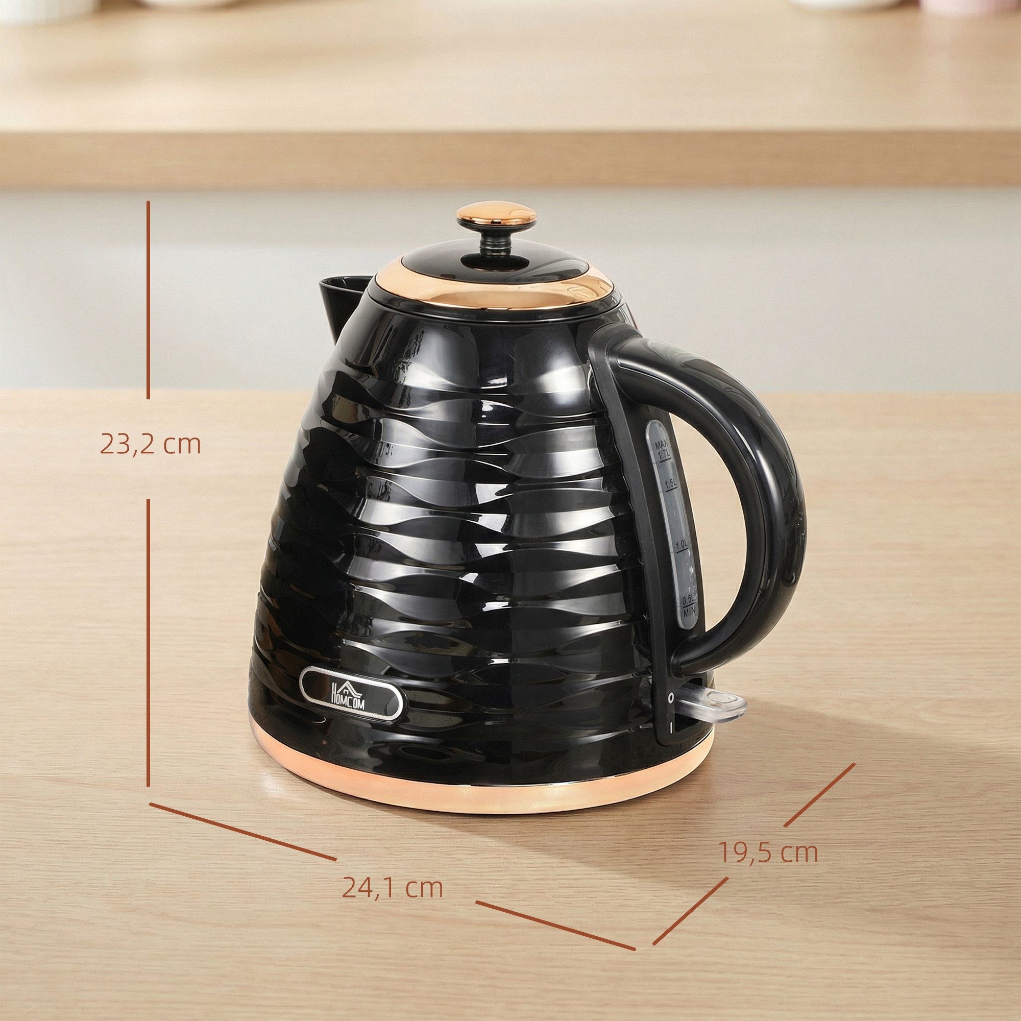 HOMCOM Wasserkocher Schnellkochfunktion, BPA-frei, Wasserkocher, 360° Drehbasis, 1.7 l, 2200 W, Kalkfilter, automatische Abschaltung, Trockenlaufschutz
