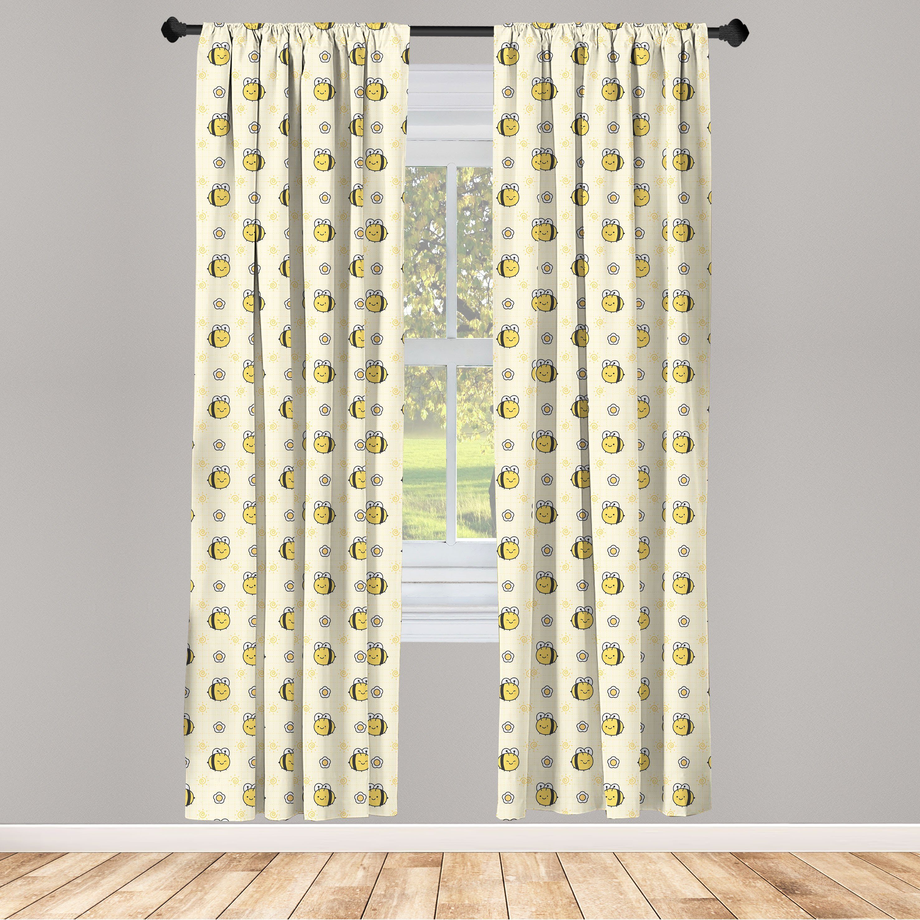 Gardine Vorhang für Abakuhaus, Happy Bienen-Blumen Dekor, Schlafzimmer Microfaser, Wohnzimmer Little Insekten