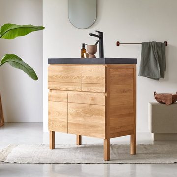 Tikamoon Waschtisch Easy Badezimmermöbel aus massiver Eiche und Lavastein 80 cm
