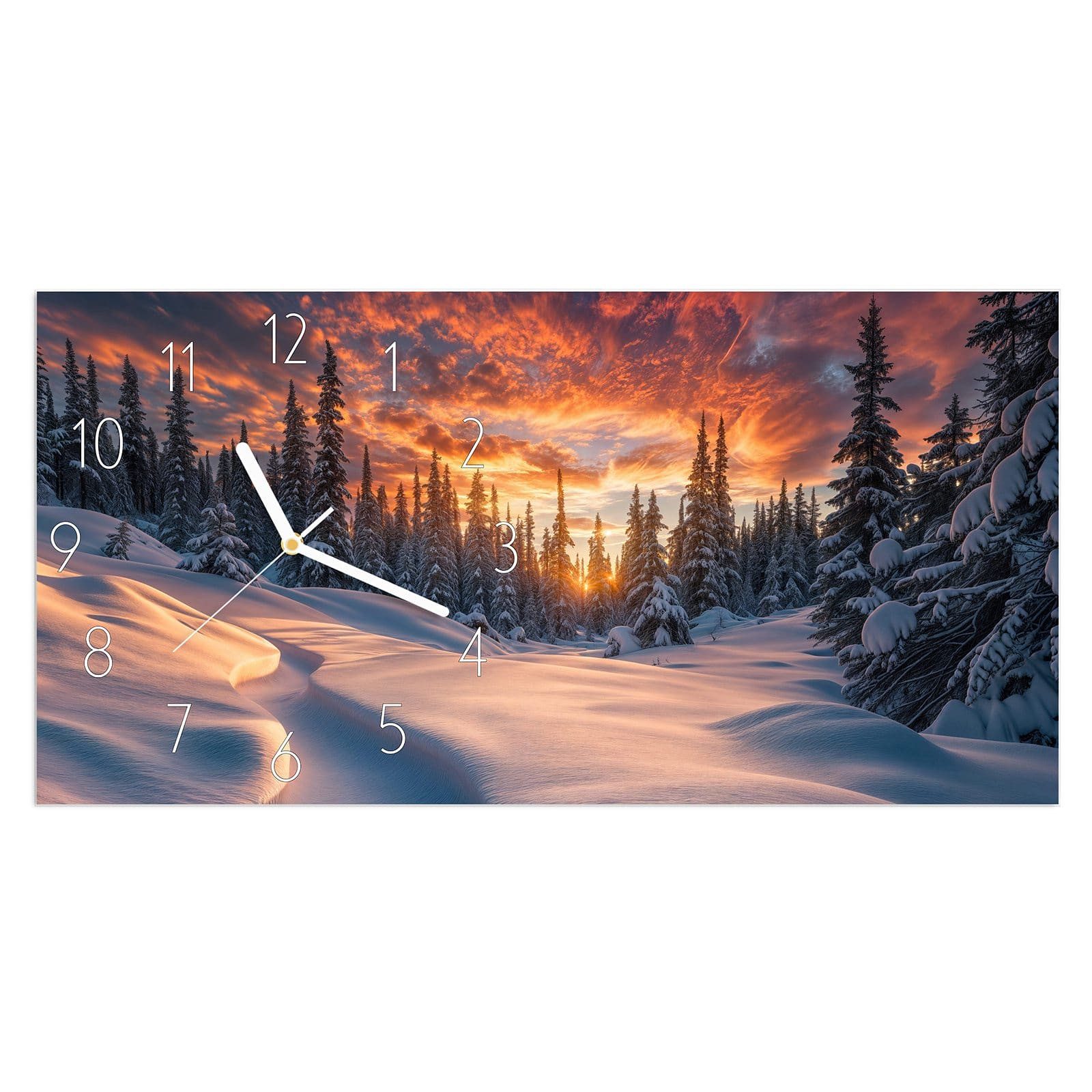 Wanduhr Glasuhr Wandkunst Größe 60 x 30 cm mit Motiv Winterlandschaft Sonne