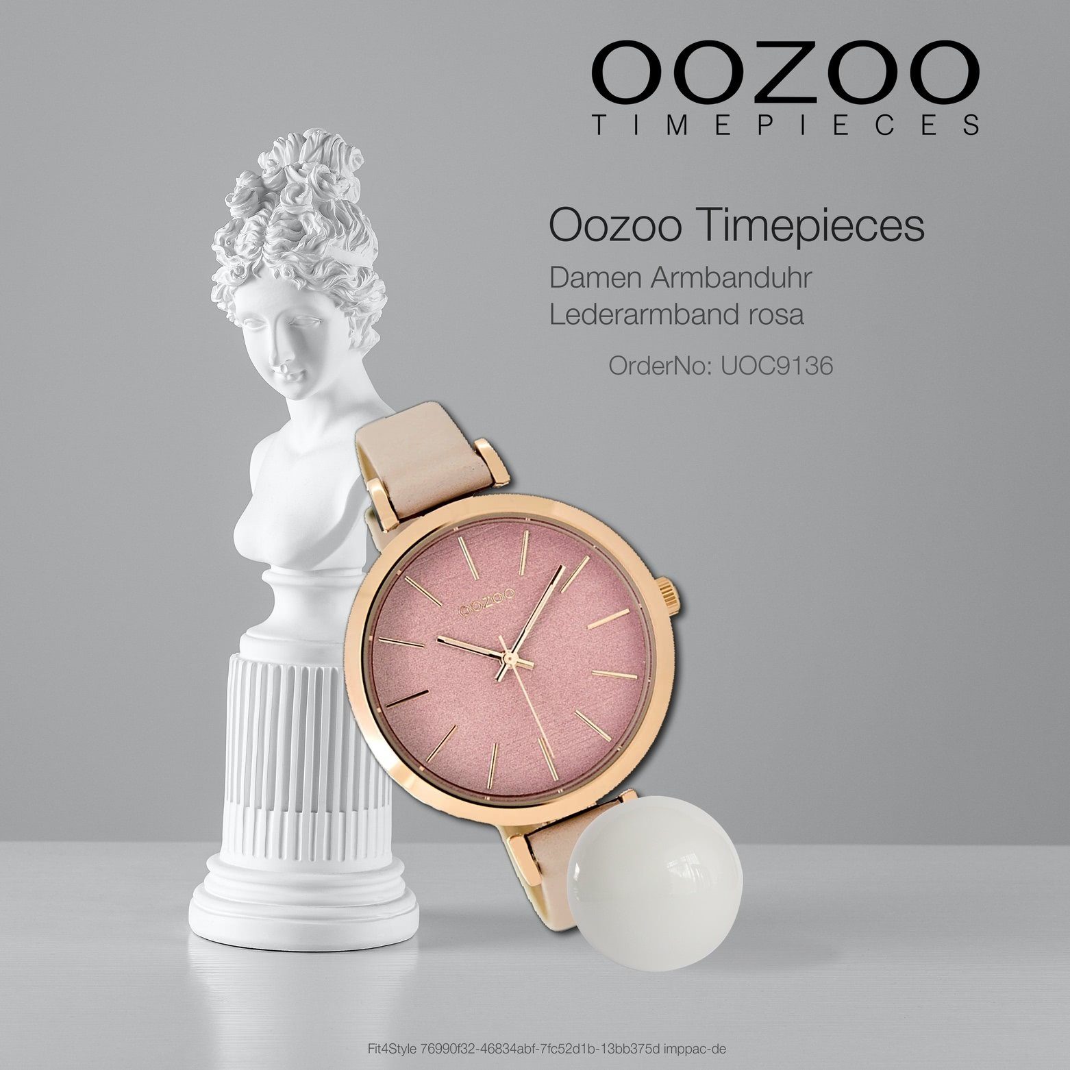 Damen Lederarmband, (ca. OOZOO Oozoo Quarzuhr Armbanduhr 40mm) rund, Damenuhr groß rosegold, Fashion-Style
