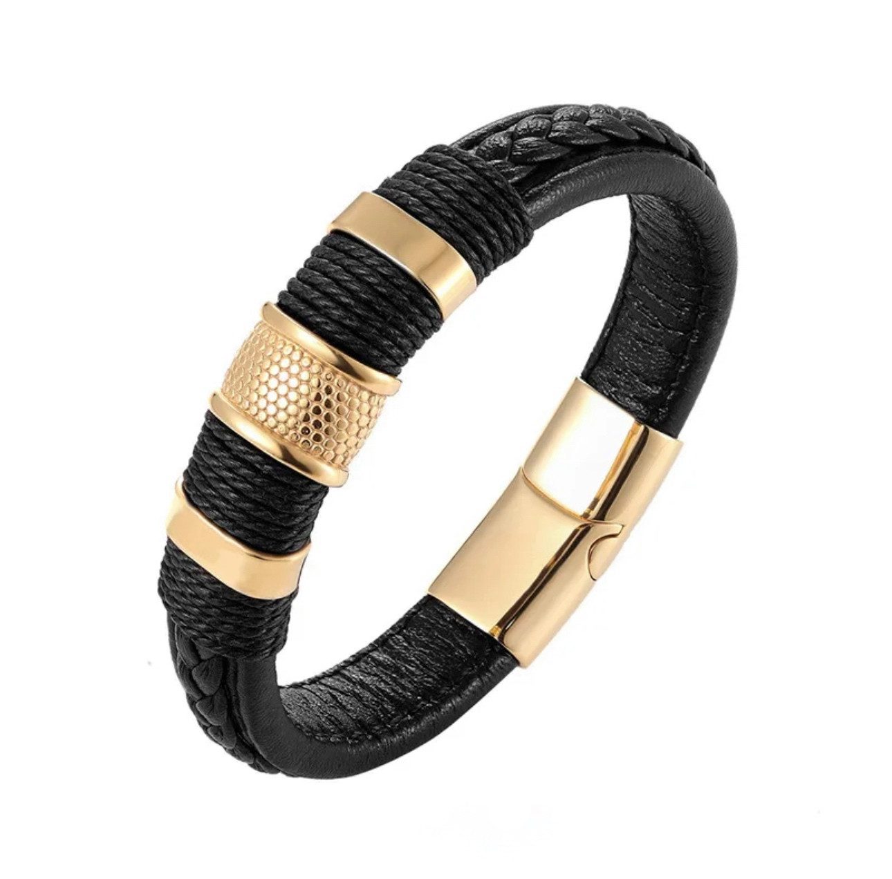 Lederarmband Handgefertigtes Herren Lederarmband Adriano Schwarz Gold 21cm
