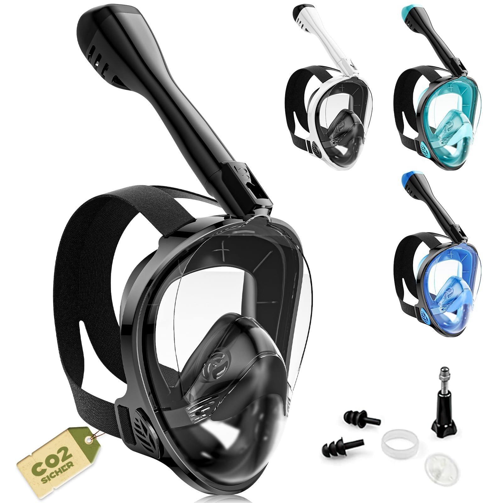 Mincoo Schnorchel CO2-zertifizierte Schnorchelmaske mit 180° Sicht & Anti-Beschlag, Vollgesichtsmaske mit Kamera-Halterung & Zubehör für Erwachsene