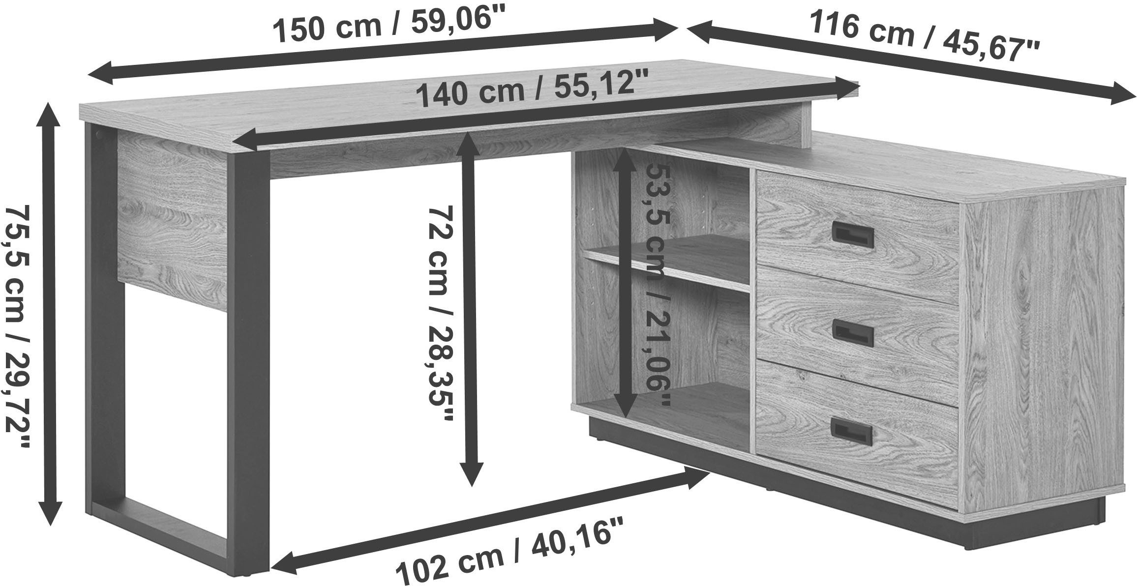 Jahnke Eckschreibtisch RIVA C 150 E (1-St), wechselseitig montierbar, Stauraum & Kabeldurchführung, Breite 150 cm
