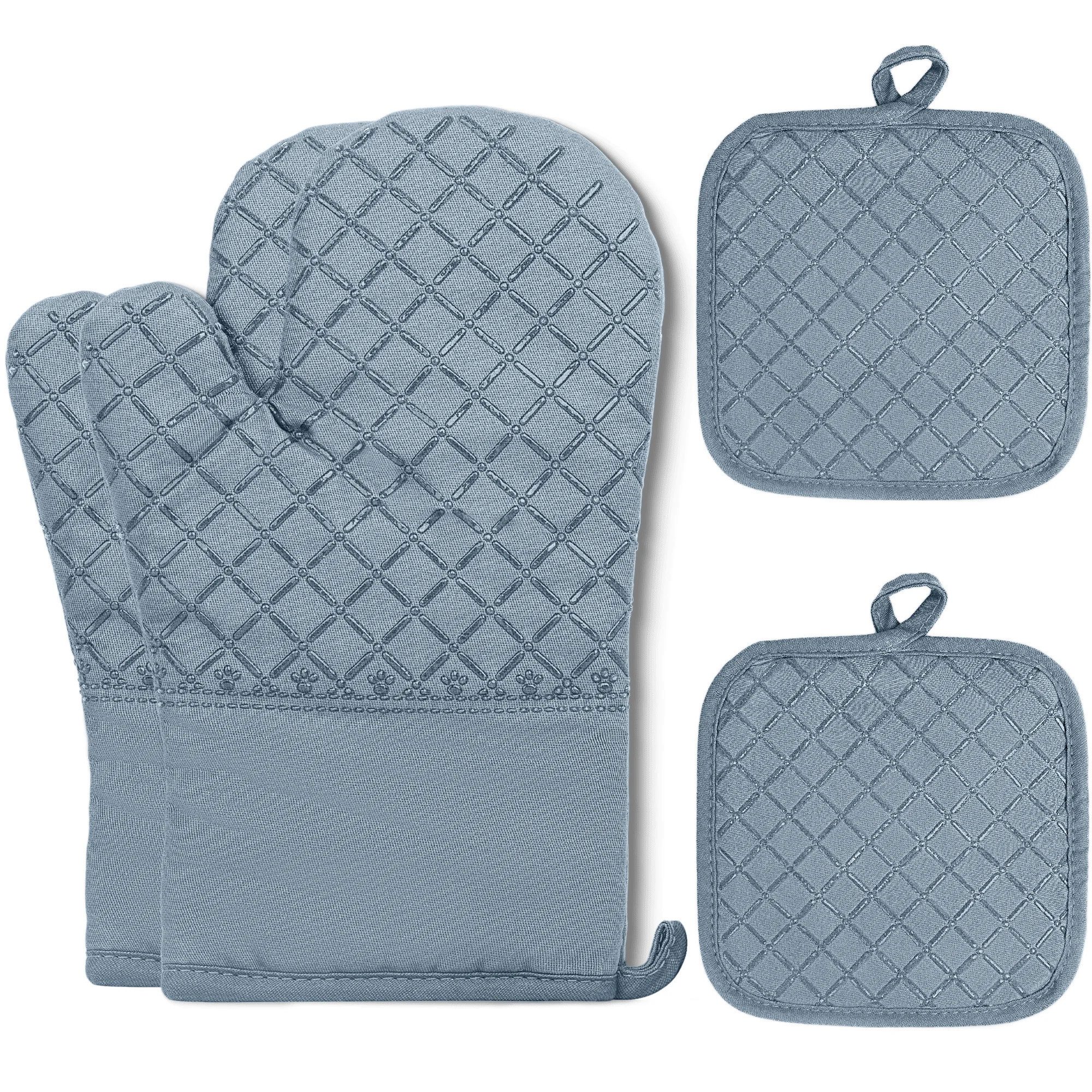HUGERSTONE Topflappen Topfhandschuhe Hitzebestaendig bis 260°C, Rutschfeste Ofenhandschuhe, (Set, 4-tlg., 2 x Ofenhandschuhe + 2 x Topflappen), Verlängern Kochhandschuhe, Backhandschuhe für Backen, Küche und Kochen