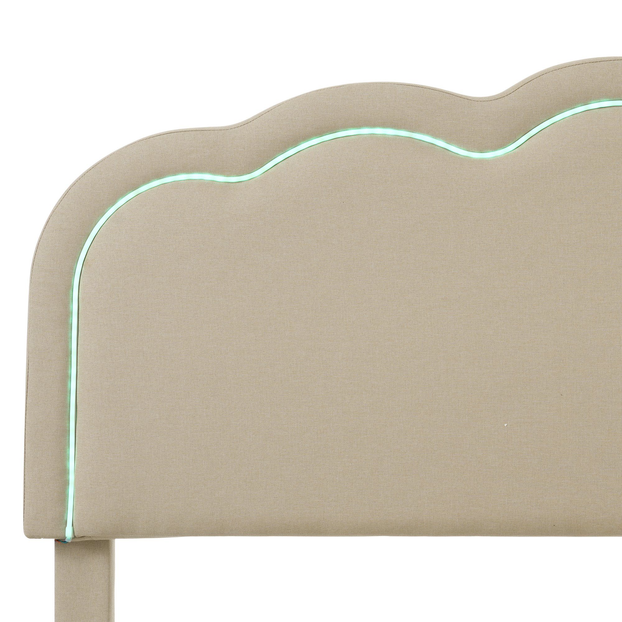Polsterbett (Einzelbett, LED Jugendbett), mit Lattenrost & Verstellbares Kopfteil in Puff-Form, 90x200cm, Leinen