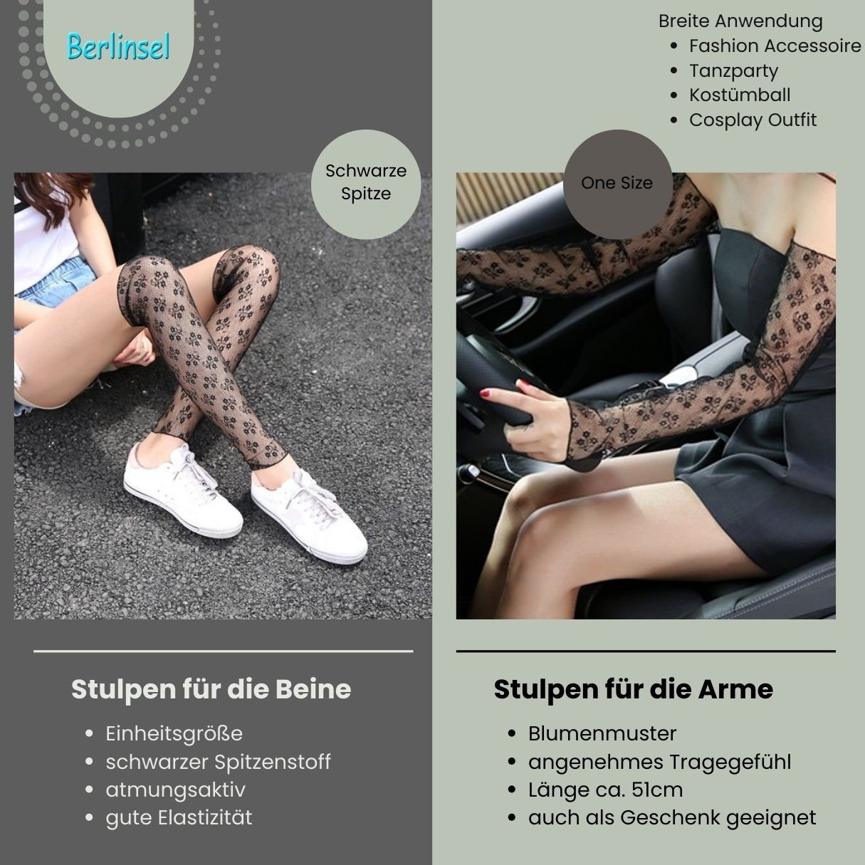 Berlinsel Armstulpen Beinstulpen für Damen Einheitsgröße Eyecatcher jedes Paar) (1 Spitze für schwarze Outfit