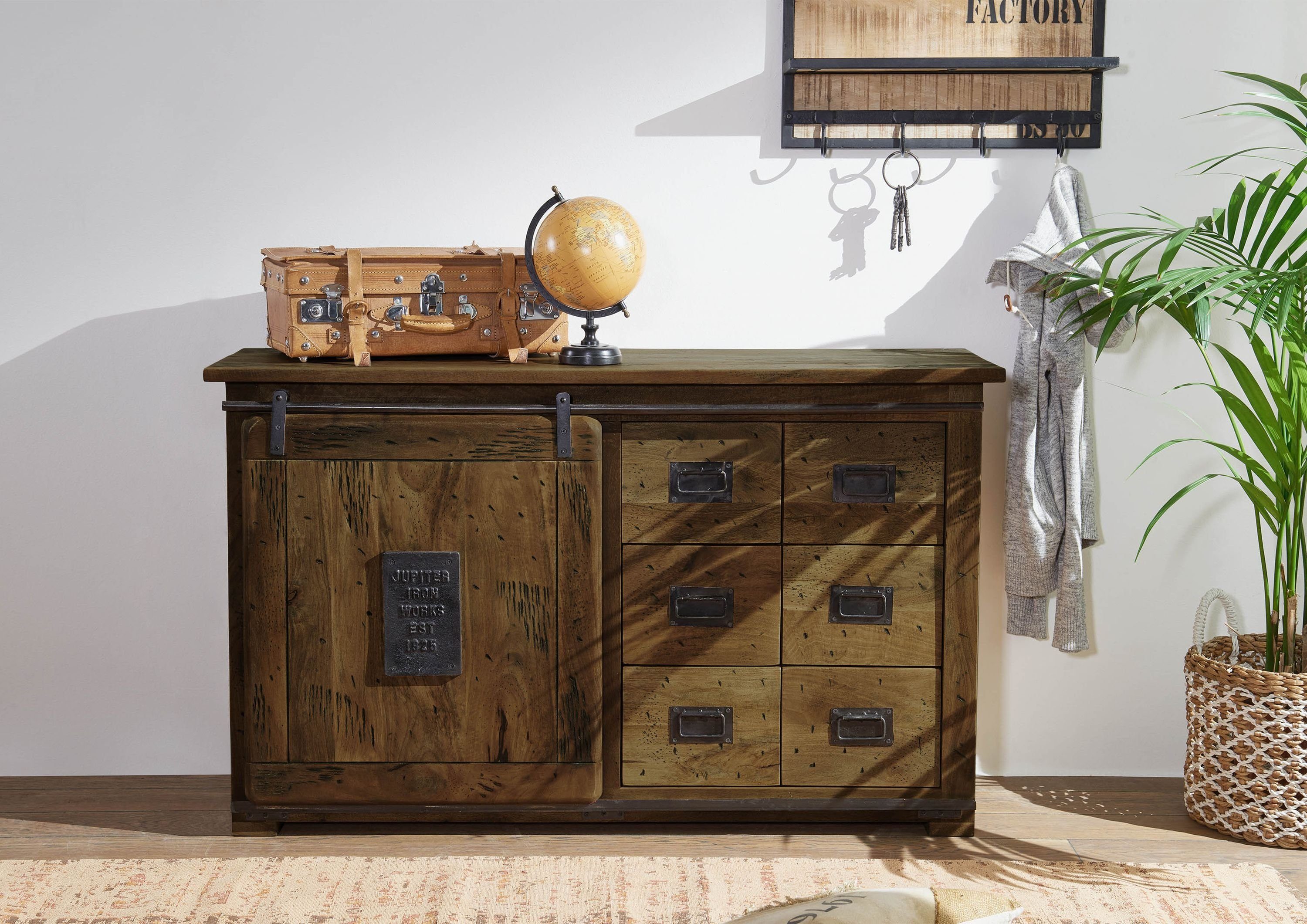 Massivmoebel24 Sideboard RAILWAY (Massivholz), Sideboard Mango 140x45x85 braun lackiert RAILWAY #421