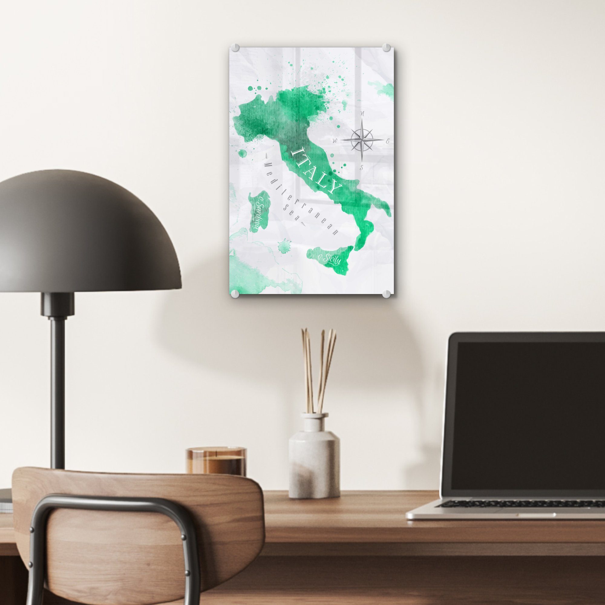 MuchoWow Acrylglasbild Weltkarte - Wanddekoration - Foto Bilder - St), Glasbilder - Aquarell Glas Grün, Wandbild auf - (1 auf Glas