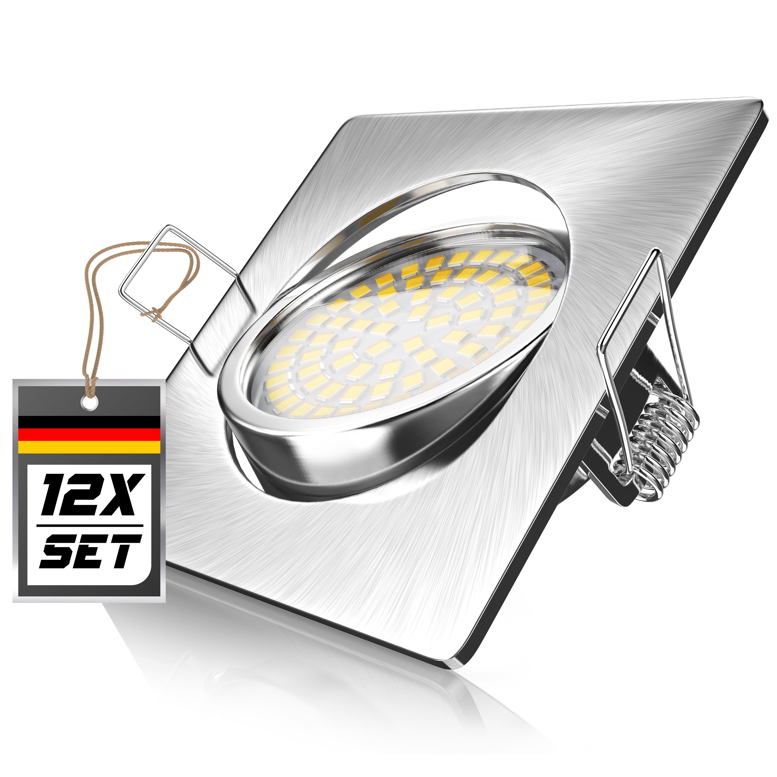 Brandson LED Einbaustrahler 12er Set LED Einbaustrahler Deckenspots 3000K eckig, Schwenkmechanismus (40° vertikal), LED fest integriert, warmweiß, Ultra Flache Einbauleuchte, Slim Einbauspot, Deckenstrahler eckig