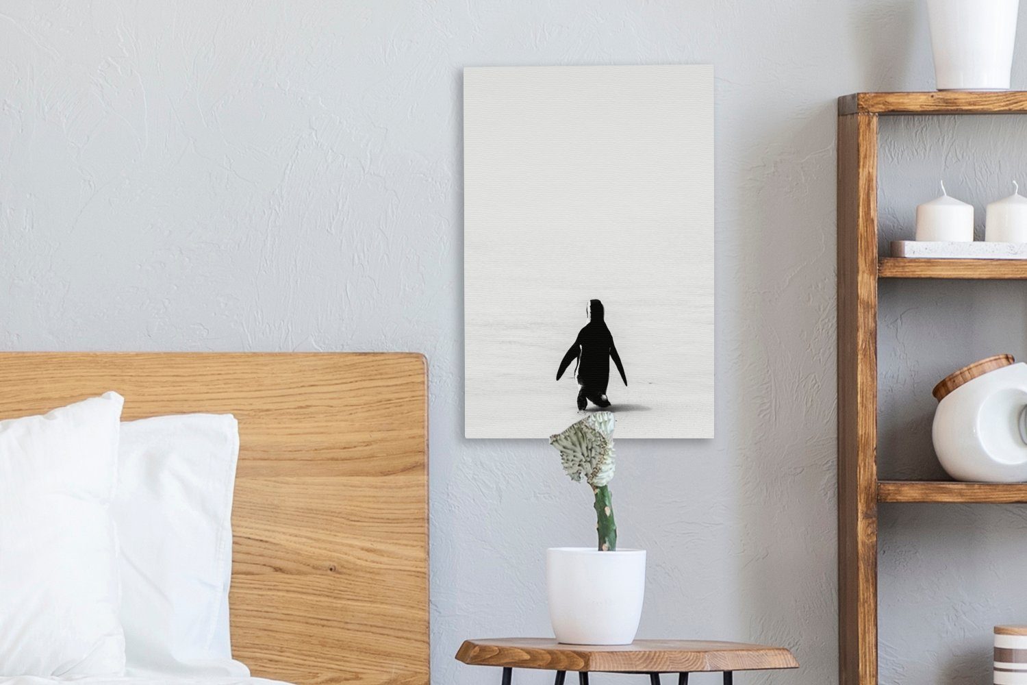 Gemälde, cm Zackenaufhänger, (1 Pinguin - weiß, fertig Minimalistisch inkl. - 20x30 Leinwandbild bespannt Leinwandbild St), OneMillionCanvasses® Schwarz und
