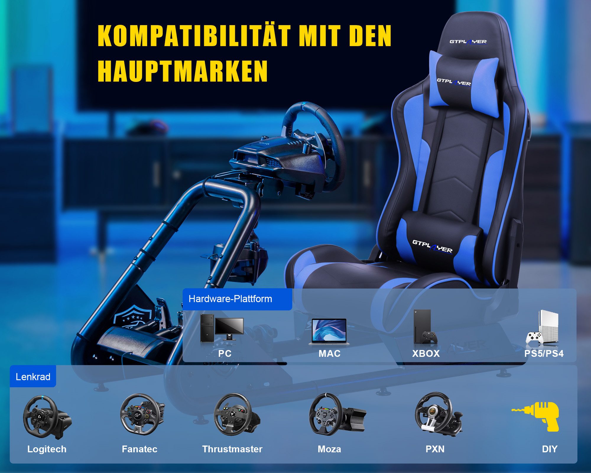 GTPLAYER Simulator Cockpit, sim racing cockpit racing wheel stand Controller (mit Bluetooth-Lautsprecher und Pedalablage)