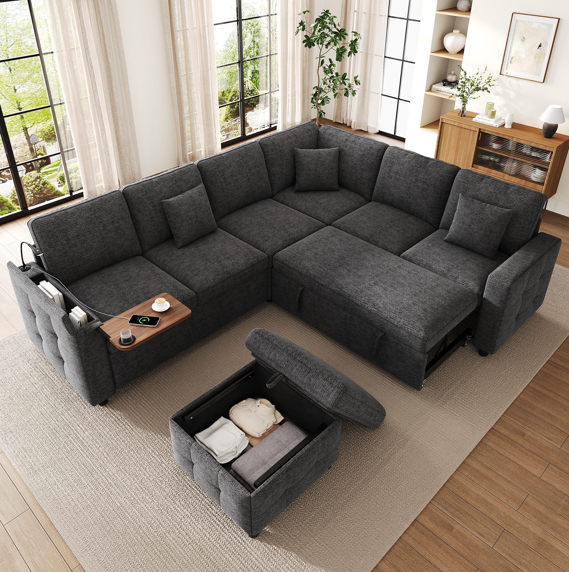 OKWISH Ecksofa XXL‑Schlafsofa mit Stauraum & USB/Type‑C, Grau, 203×261×88 cm, Chenille 1 Teile, ausziehbar, LED‑Lampe, Klapptisch, 3 Kissen