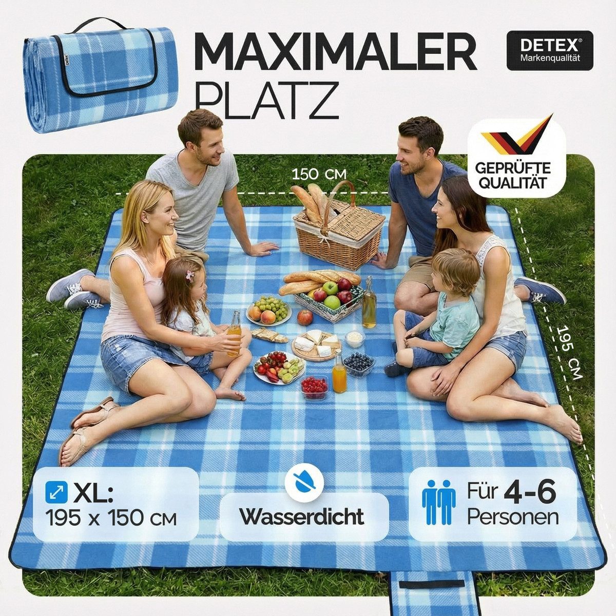 Picknickdecke, Detex, XL 195x150 cm Wasserdicht Wärmeisoliert 2-4 Personen Blau