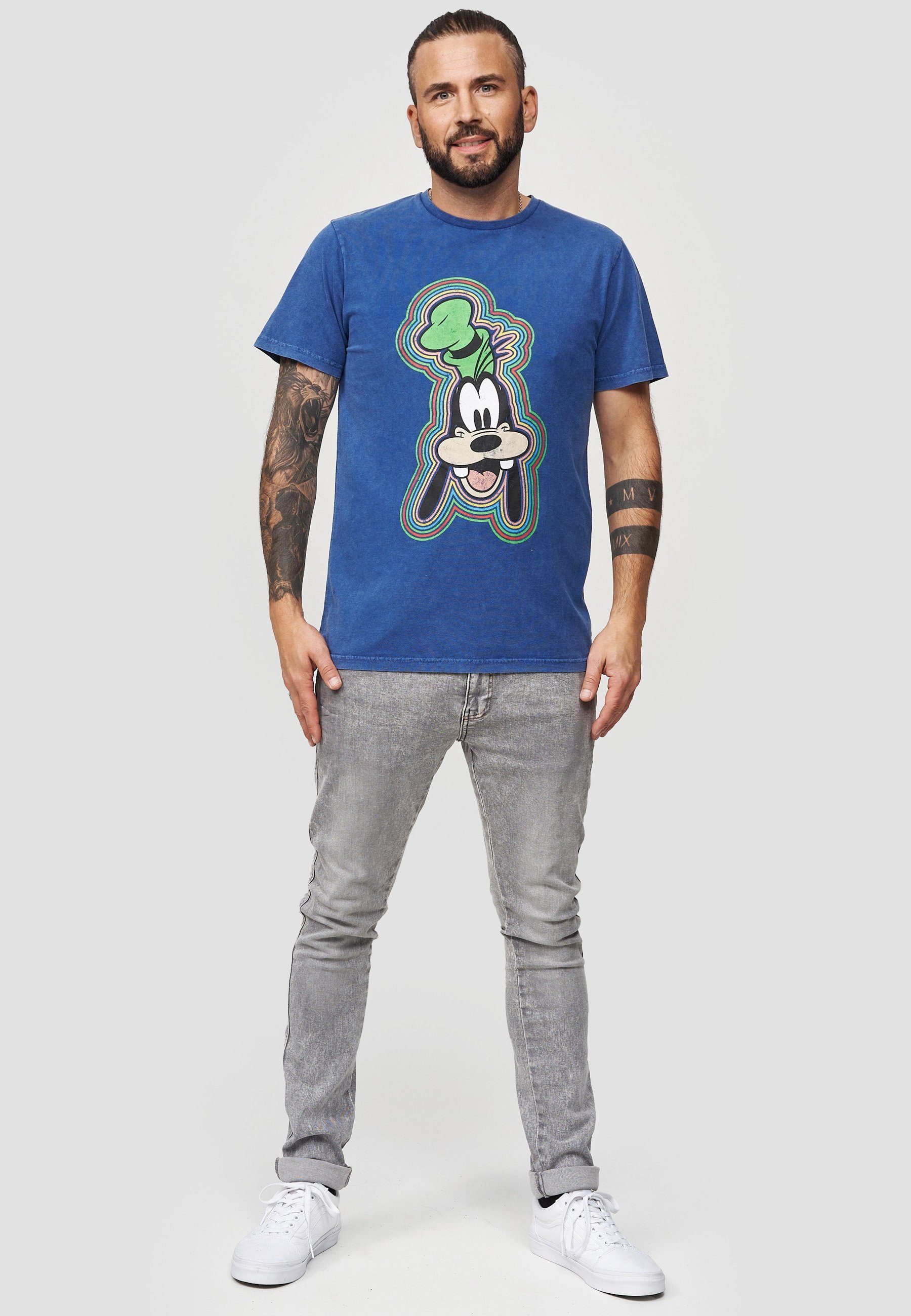 Recovered Blau Disney T-Shirt Goofy Outline GOTS zertifizierte Bio-Baumwolle