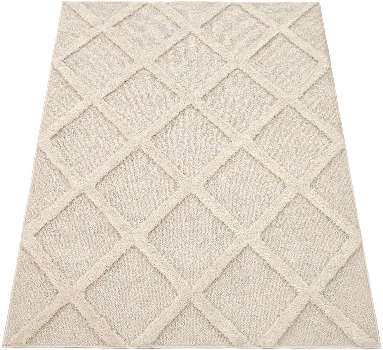 Paco Home Hochflor-Teppich Genua 745, rechteckig, Höhe: 34 mm, Uni-Farben, Hoch-Tief Effekt, modernes Design, Rauten, weicher Flor