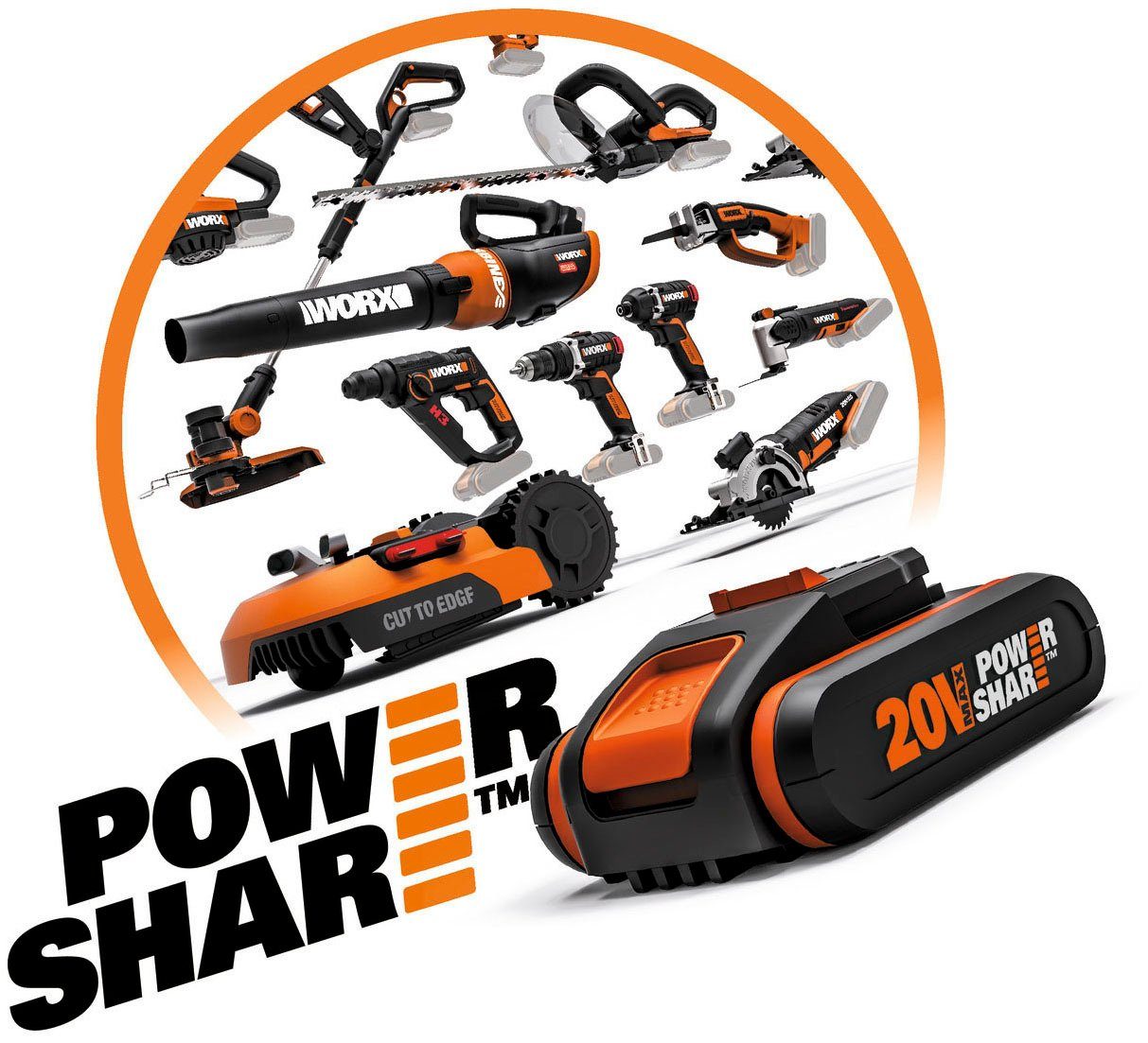 Worx Akku-Heckenschere 20V WG252E.9, Teleskopstiel 3,6m, 45cm, bis 3,6 m Arbeitshöhe, Mit längenverstellbaren Teleskopstiel für hohe Reichweite bis 3.6m