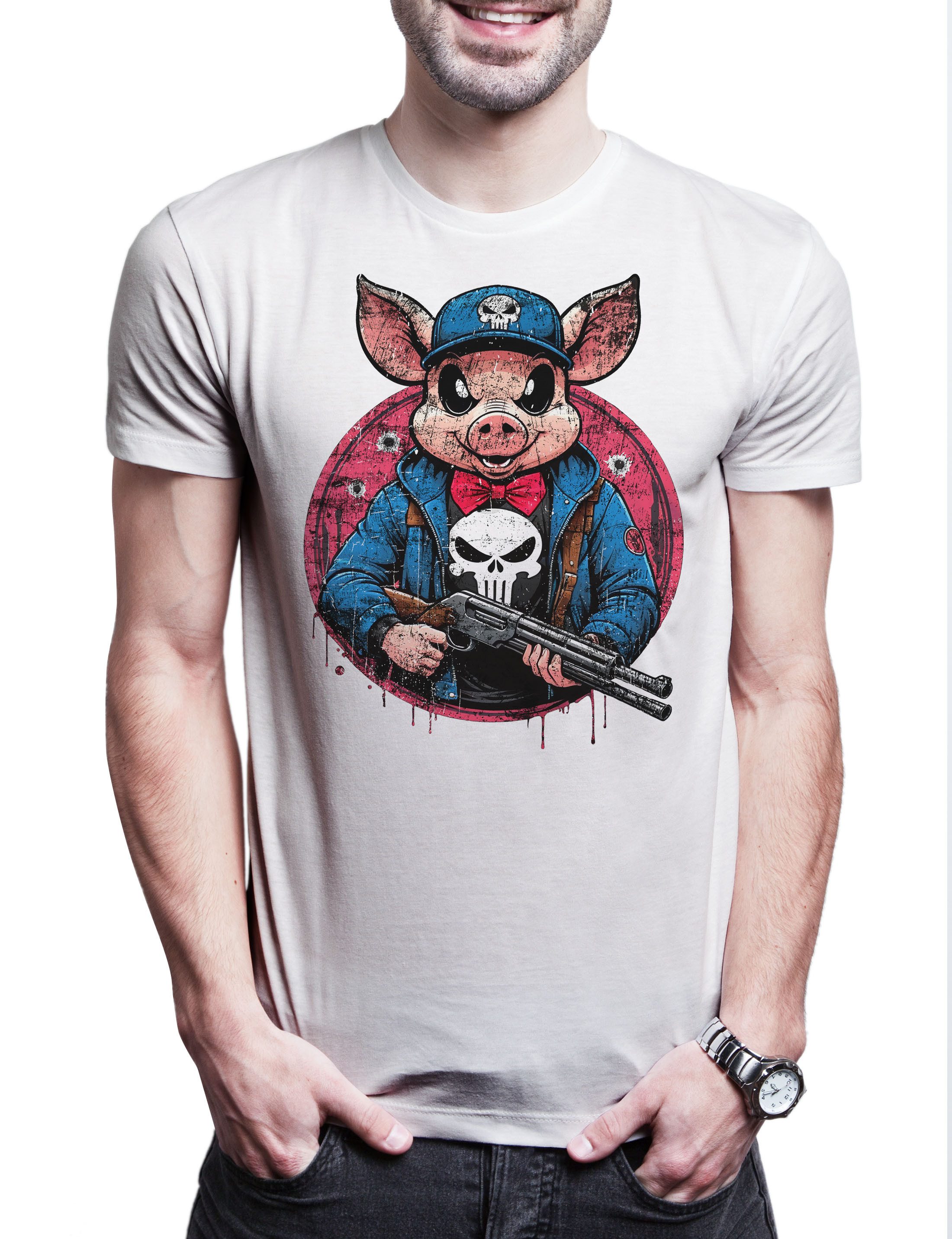 Print-Shirt Vigilante Pig Herren T-Shirt Skull Logo Toon Cartoon Comic Porky