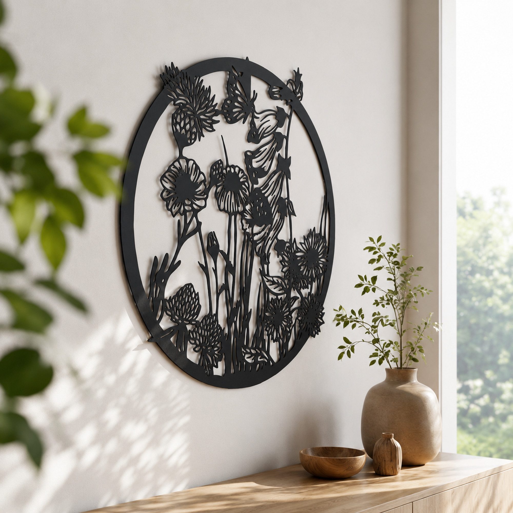 UNUS HOME Wanddekoobjekt Metall Aufhänger Blumen Groß (48x46,5cm rund), Schwarz, Fensterdeko, Wanddeko zum Aufhängen