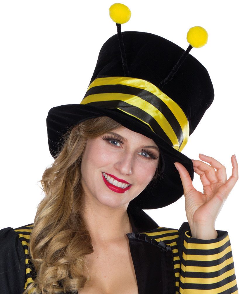 Karneval-Klamotten Kostüm Bienen Hut Zylinder Samt schwarz gelb mit Fühler, günstig online kaufen