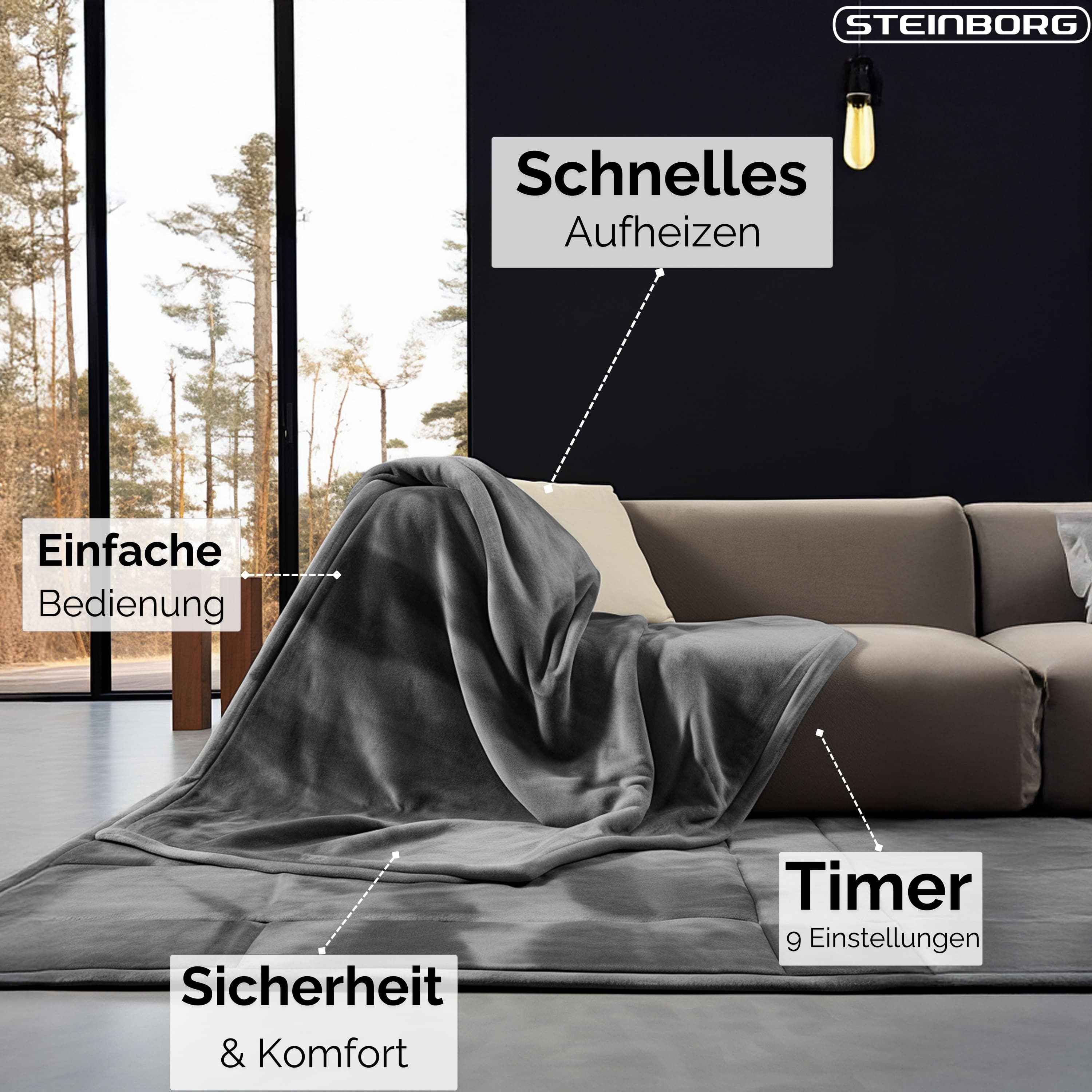 STEINBORG Heizdecke SB-9522, für 2 Personen, Timer, 9 Temperaturstufen, Überhitzungsschutz