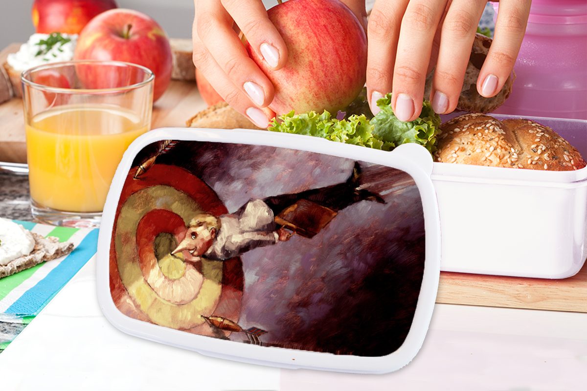 MuchoWow Lunchbox Eine Illustration eines der (2-tlg), weiß Kunststoff, für Dartscheibe, für Geschäftsmannes und und in Jungs Brotbox Kinder Erwachsene, Mädchen Brotdose