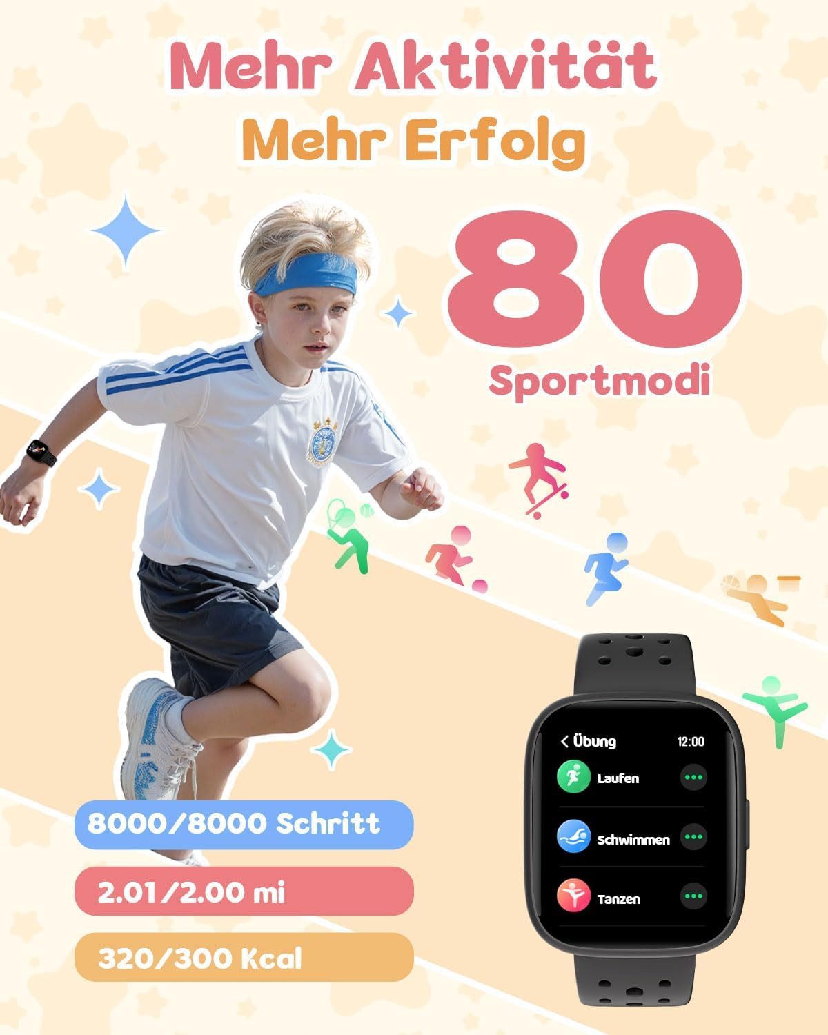 TICTIKY BW02 Smartwatch (4,6 cm, android ios), Kinder Smartwatch mit 1.83" HD Display, Sportmodi