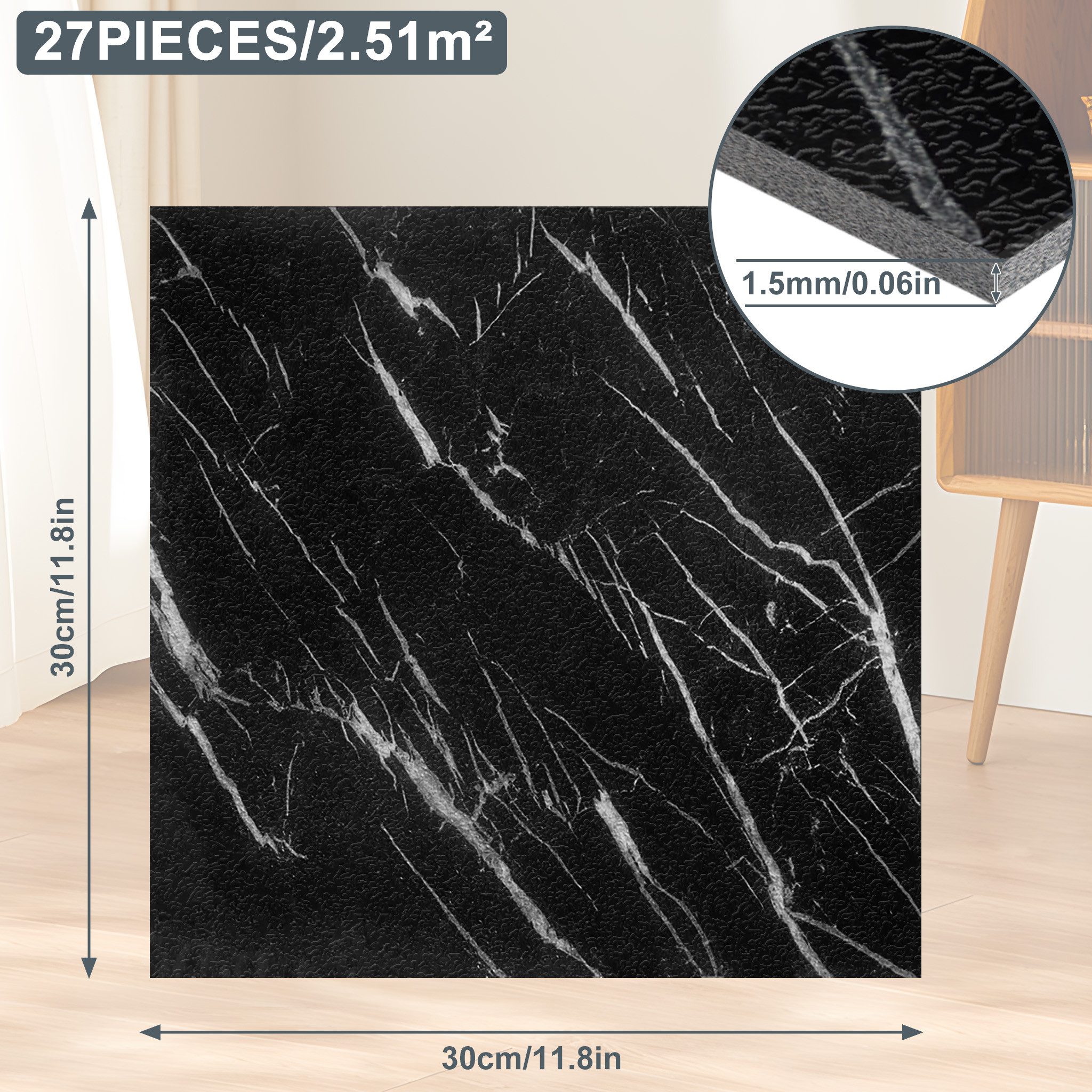 FIVMEN Vinylboden PVC Bodenbelag Selbstklebend Vinylboden Bodenfliesen 30cm×30cm, 27 Stück, 2.51m², Fliesenaufkleber Rutschfeste Venylbodenbelag für Schlafzimmer, Küche