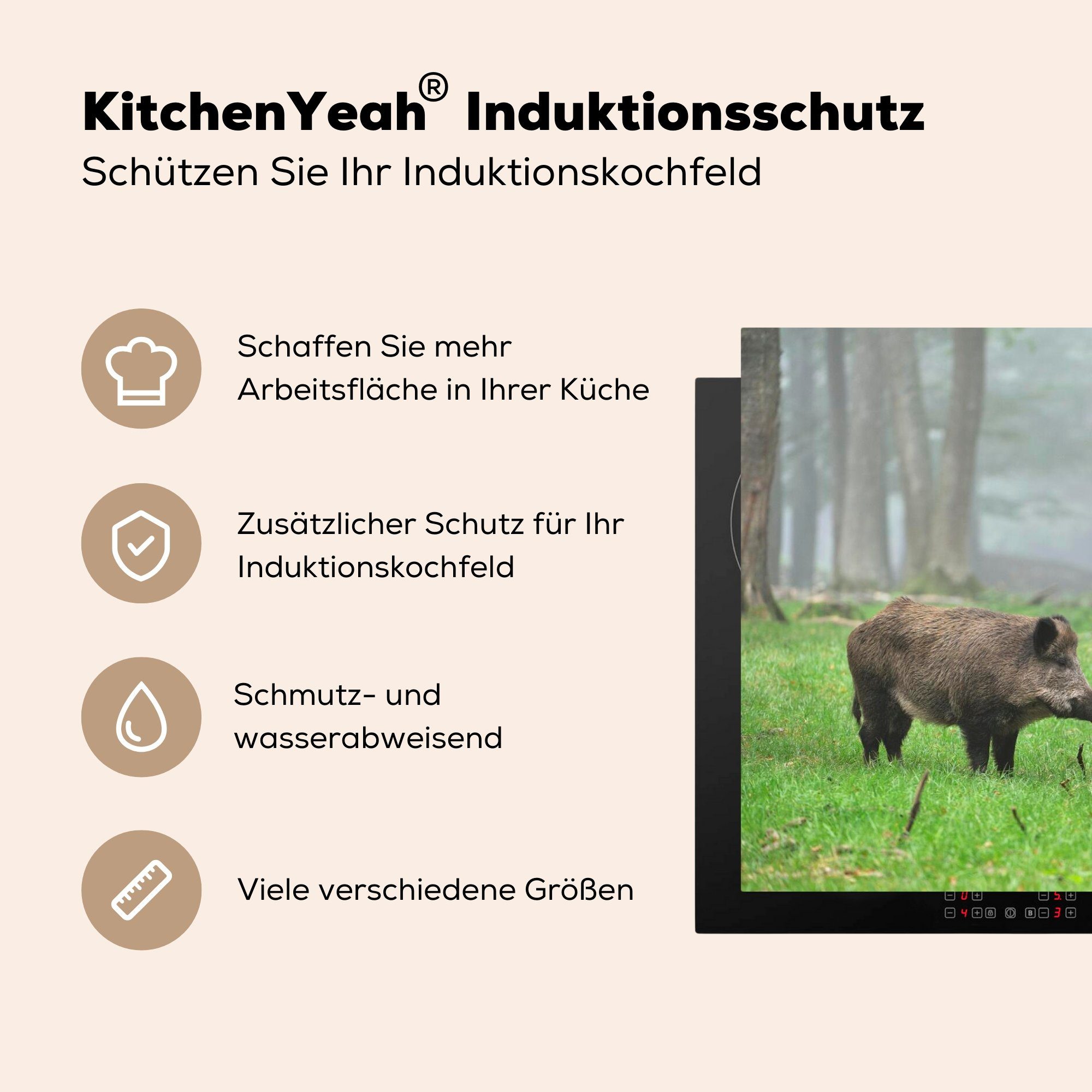 MuchoWow Herdblende-/Abdeckplatte Wildschwein Tier, für cm, Induktionskochfeld (1 Wald Schutz - 81x52 die Ceranfeldabdeckung tlg), Vinyl, küche, 