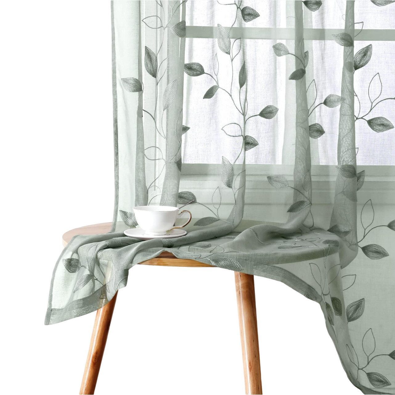 Agger Vorhang Leinen Voile Vorhänge, halbtransparente Blumenvorhänge, Blätter-Stickerei Vorhänge, geeignet für Schlafzimmer und Wohnzimmer