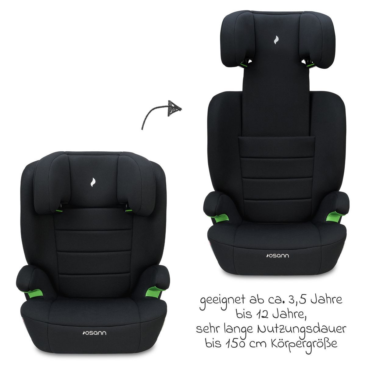 Osann Autokindersitz Musca i-Size - Black, Kinder Autositz ab 3 Jahre - 12 Jahre (100 cm - 150 cm) mit Isofix