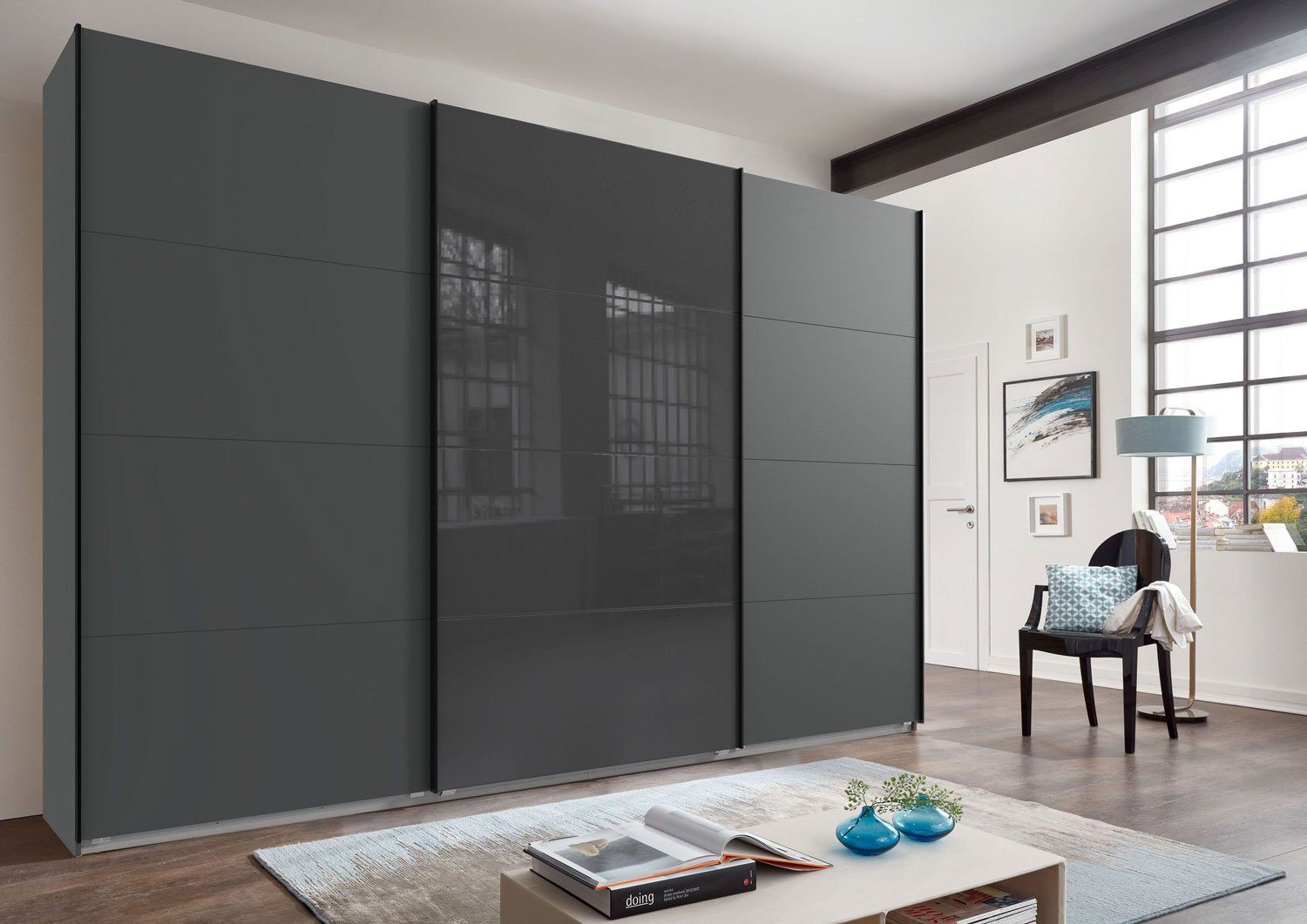 Wimex Schwebetürenschrank Norderstedt (mit Schwebetüren, Kleiderstangen, Einlegeböden, Stoffboxen, 1-St., moderne Optik, Metallgriffleisten, mit Glaselementen) 360x64x236cm graphit / Glasgrau