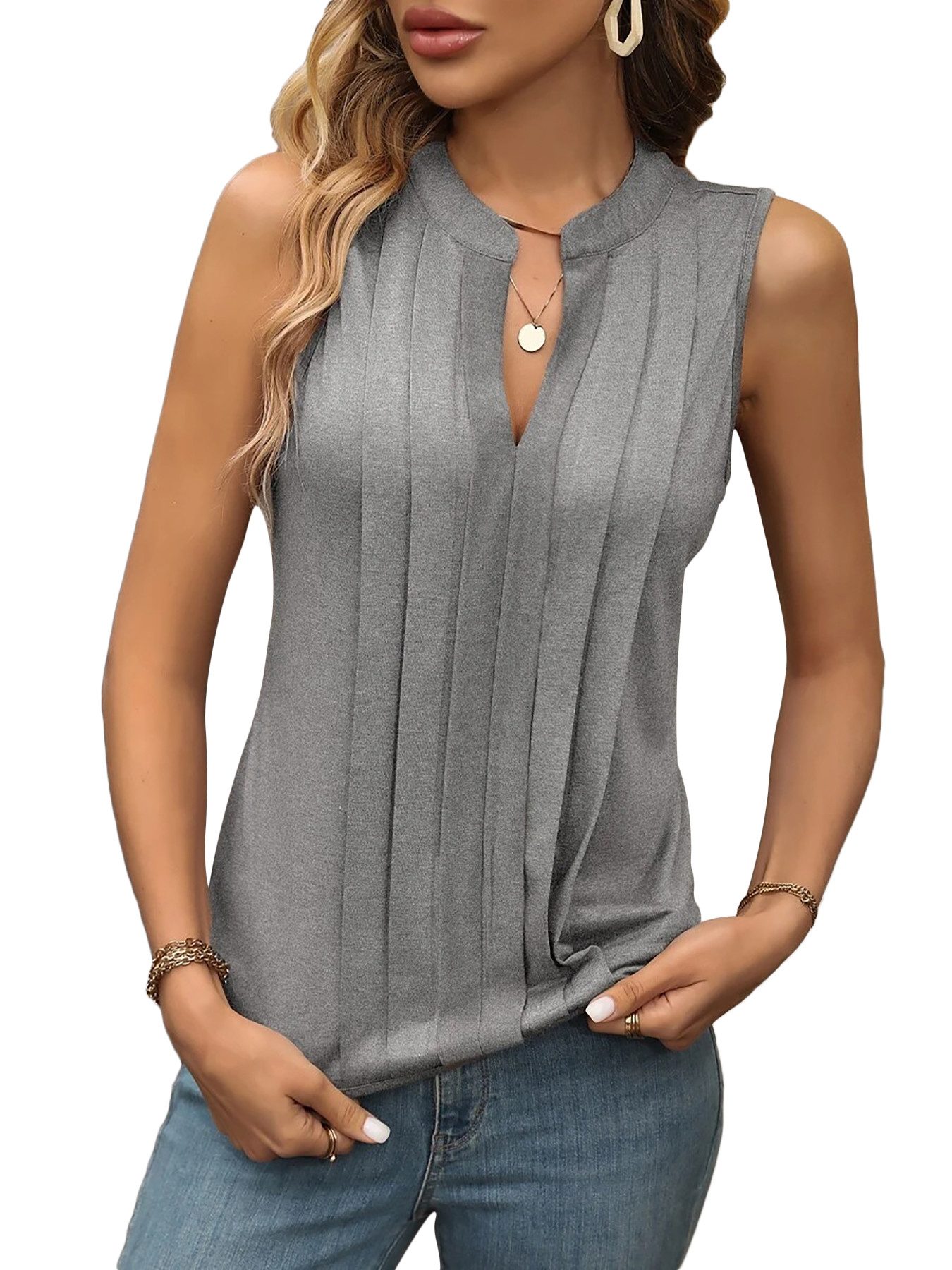 DEBAIJIA Kurzweste Damen Tank Top Plissee V-Ausschnitt Ärmellos T-Shirt Sommer Elegant