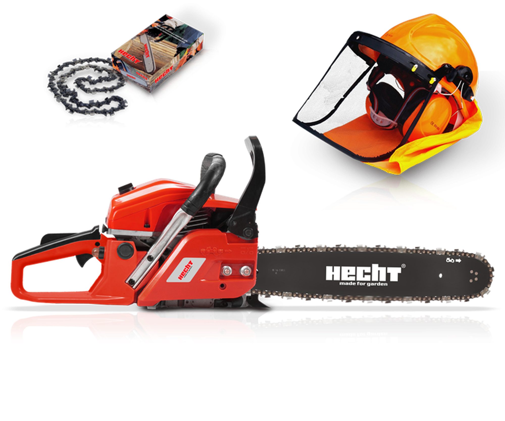 Hecht Benzin-Kettensäge 45 Set mit Helm und Ersatzkette, 47 cm Schwertlänge, 2,7 PS, 40cm Schnittlänge