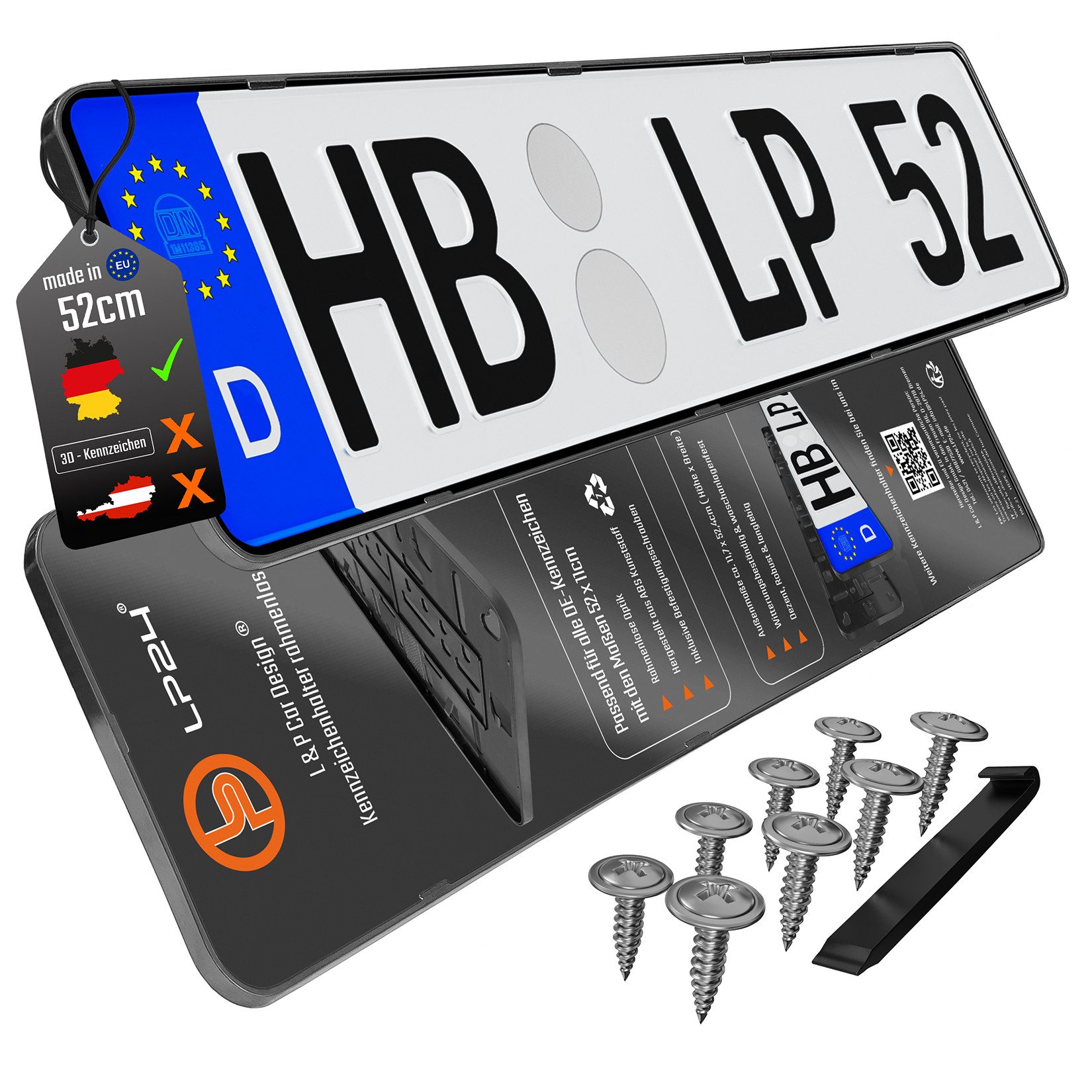 L & P Car Design Kennzeichenhalter für Auto rahmenlos Schwarz dezent sicher langlebig, (2-St)