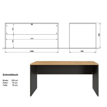 Lomadox Schreibtisch LUGANO-01, Büromöbel Set Aktenschrank Rollcontainer Graphit grau Eiche